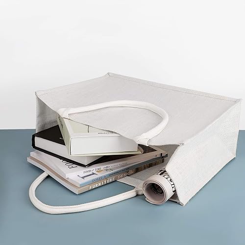 Miniatura 6 de Segarty Bolsas de mano, paquete de 3 bolsas grandes de yute blanco reutilizables de lona para regalos con asas, bolsa en blanco a granel para dama