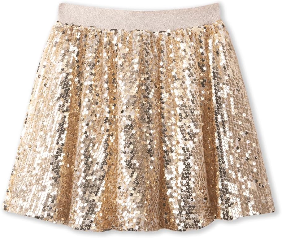 Sequin Skirt for Girls Kids Elastic Waist A-Line Sparlky Mini Skirt with Lining