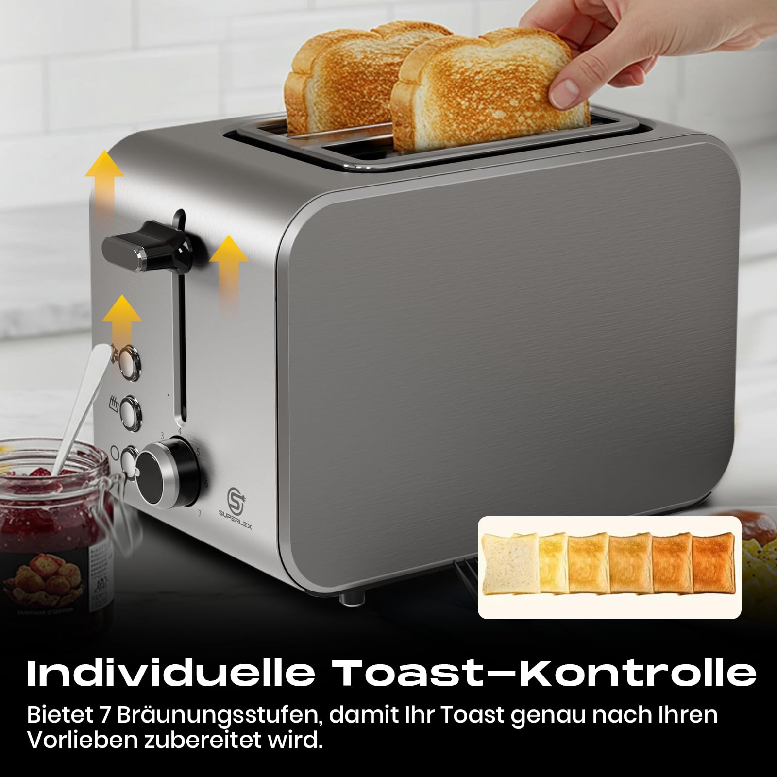 Tostapane a 2 fette da 850 W, in acciaio inox, doppia fessura, con 7 livelli di tostatura, scongelamento, riscaldamento e stop, espulsione automatica per panini e cassetto briciole, compatto