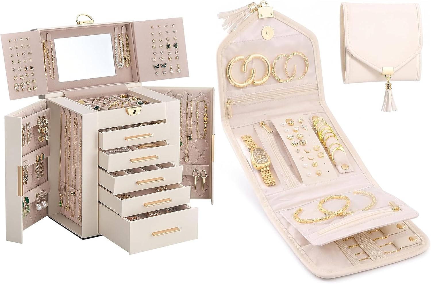 Lolalet Beige 6-Layer Jewelry Box with 5 Drawers and Beige Jewelry Travel Organizer Bundle, Large Capacity, Mirror, Lock, Tangle-Free Storage, Multi-Compartment, Space-Saving