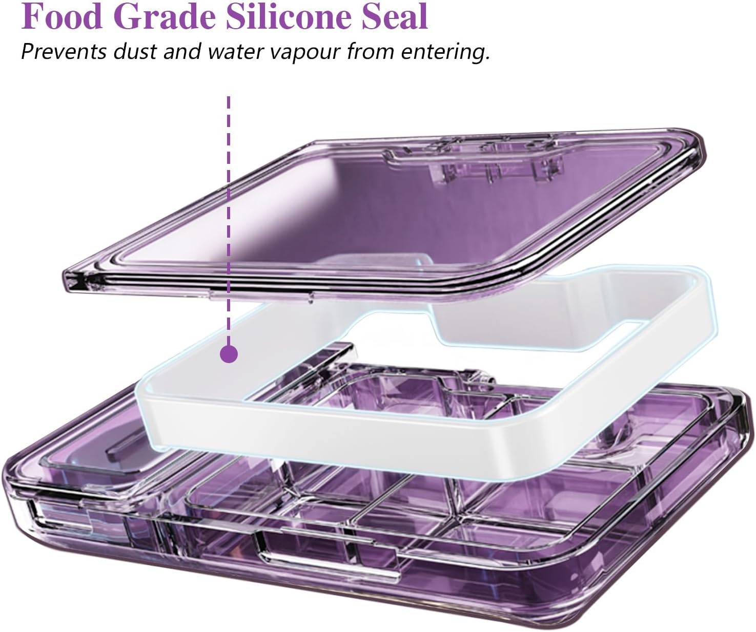 Pill Cutter Splitter for Small or Tiny Pills. 2-in-1 Travel Pill Box & Pill Splitter - Large Capacity 4 Compartments Pill Organizer - Detachable Nonslip V-Shaped Pad. Wrap-Around Blade Guard (Purple)