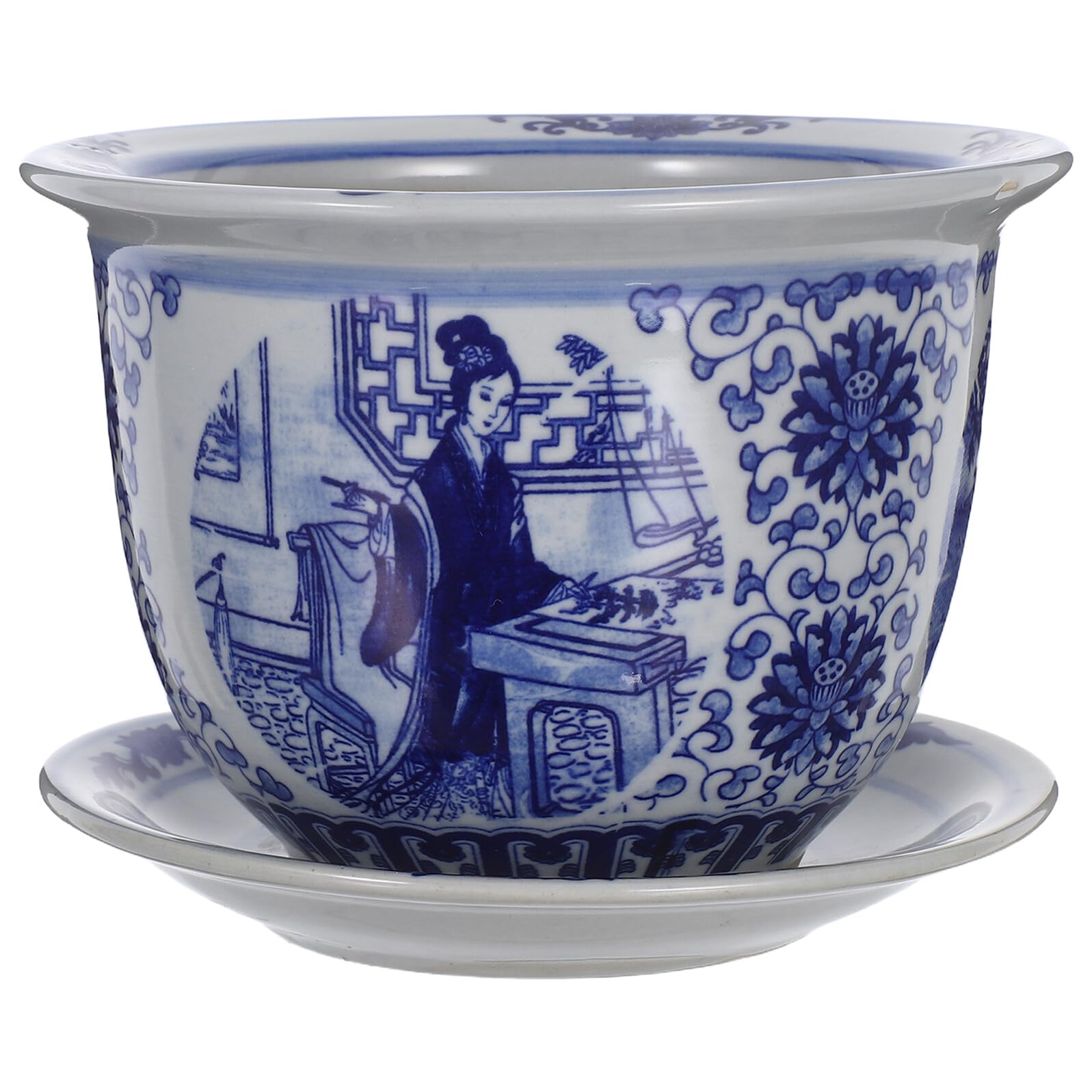 Pots de fleurs en porcelaine bleu et blanc avec plateau de drainage pour bonsaïs de bureau