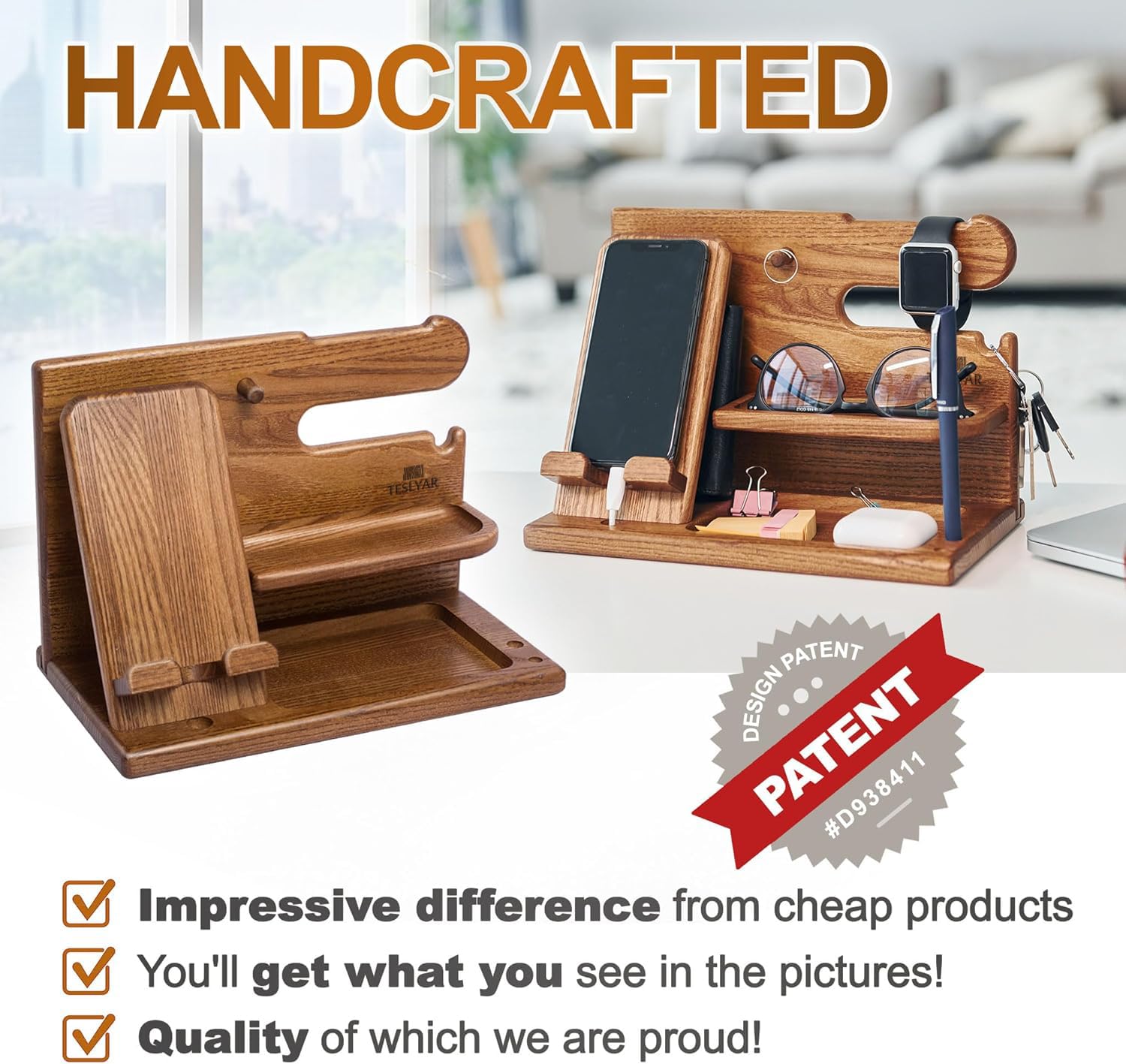 Amazon.com: TESLYAR Wood Phone Docking Station for Men - Desk or