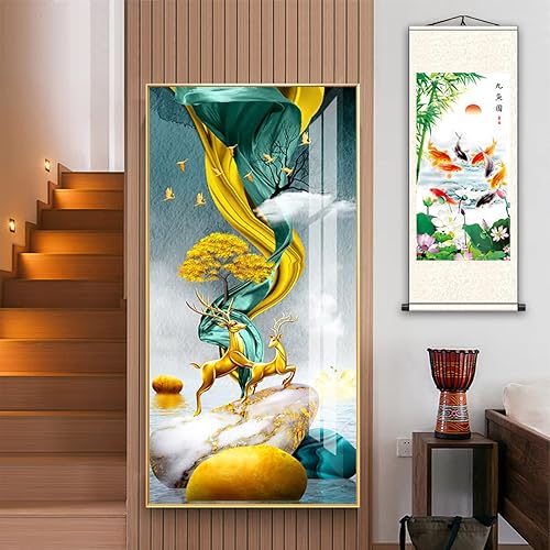 Miniatura 3 de FOVNOT Arte de pared de pergamino de seda china - Pintura de nueve peces koi con loto y peonía, decoración asiática del hogar Feng Shui, pergamino