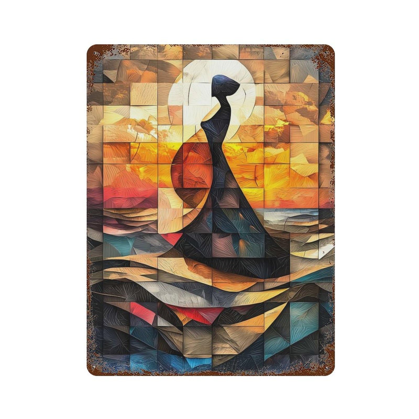 Distressed Metal Wall Sign with The Birth of Venus Stained Glass Mosaic Artwork Design 15.7"x11.8", for Office, Studio And Wall Decor, Industrial Home Decor