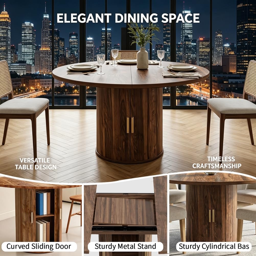 Tavolo da pranzo rotondo allungabile, con mobiletto portaoggetti, moderno tavolo da pranzo con piedistallo con maniglie dorate, per sala da pranzo, soggiorno, appartamento