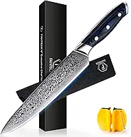 Faca de cozinheiro FANTECK Faca de cozinha profissional Damasco de 20 cm Faca de cozinheiro Faca de cozinha afiada a laser de aço inoxidável de alto carbono Fruta de carne Casa Gyuto Cortador de Chef Damasco Faca [Caixa de presente], VG-10 Damascus Steel Blue G10 Handle Damascus 67-Layers Japanese VG-10 Damascus Steel, 8-Inch, 1