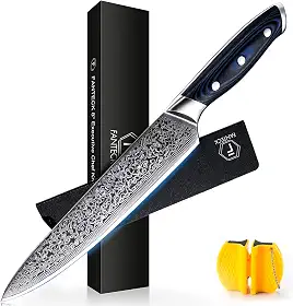 Faca de cozinheiro FANTECK Faca de cozinha profissional Damasco de 20 cm Faca de cozinheiro Faca de cozinha afiada a laser de aço inoxidável de alto carbono Fruta de carne Casa Gyuto Cortador de Chef Damasco Faca [Caixa de presente], VG-10 Damascus Steel Blue G10 Handle Damascus 67-Layers Japanese VG-10 Damascus Steel, 8-Inch, 1
