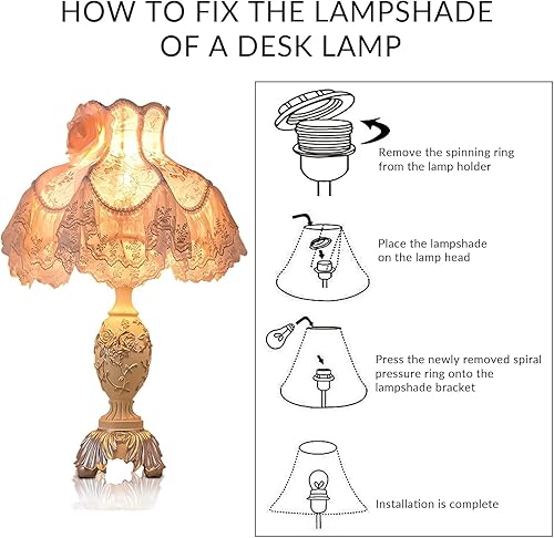 Miniatura 8 de Lámpara de escritorio de estilo europeo rosa con pantalla de tela, lámpara de mesa victoriana con bombilla E27 e interruptor de botón, lámparas