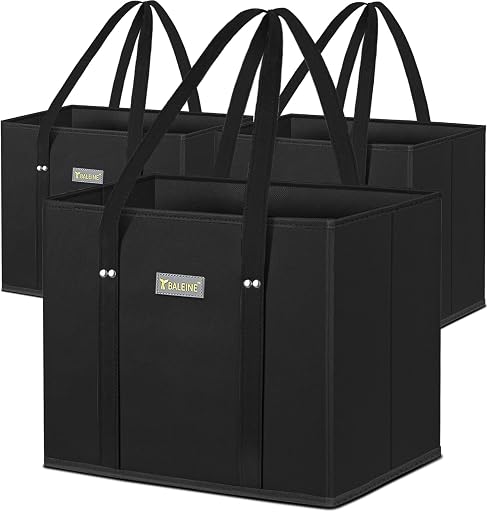 BALEINE BALEINE 3Pk Reusable Grocery Bags, Foldable Shopping Bags for Groceries with Reinforced Bottom & Handles (Black)