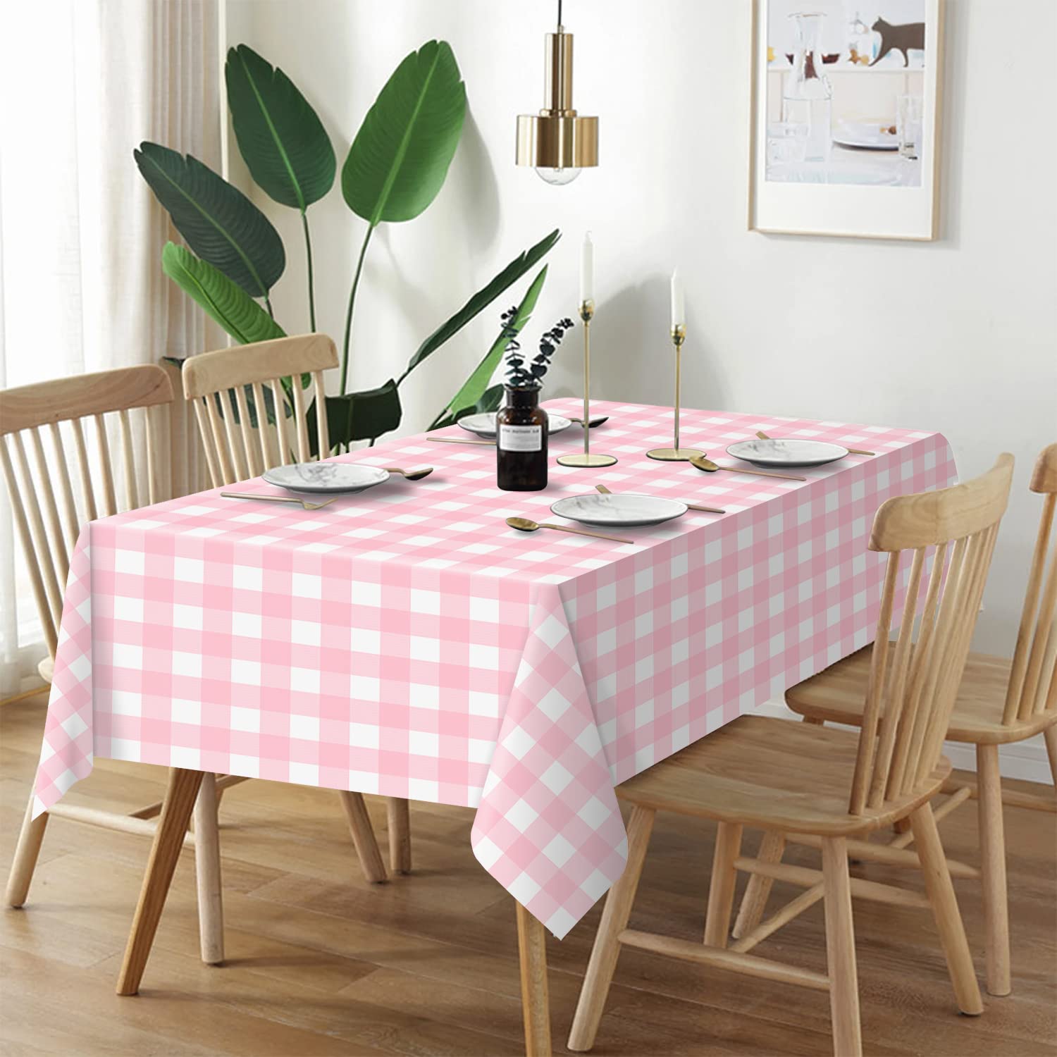 QIKSION Pink Gingham Tablecloth Disposable 2 Pack, 54 x 108 Inch Pink and White Checkered Table Cloth for Rectangle Tables, Plastic Table Cover