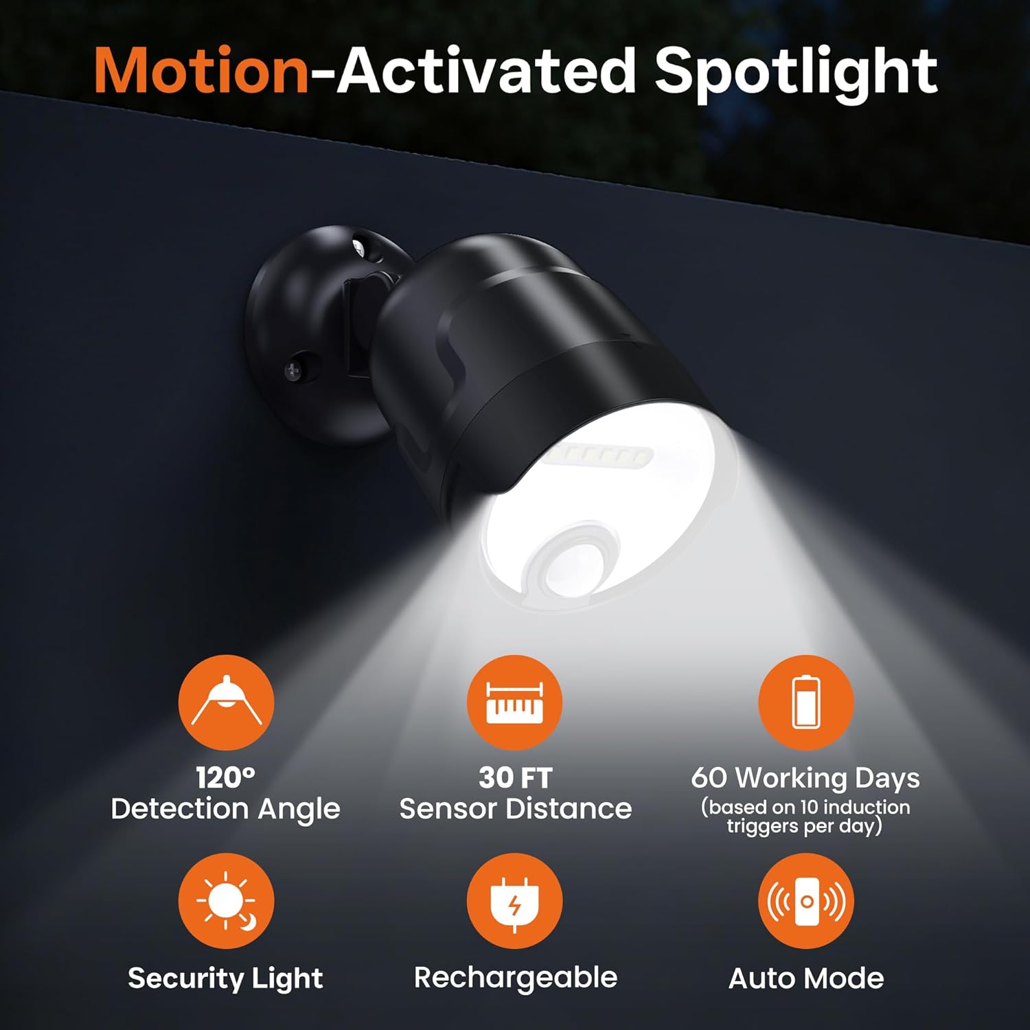 Battery Operated Motion Sensor Light Outdoor, 4000mAh Rechargeable 600 Lumen Battery Powered Spotlight Outdoor Waterproof for Porch, Garage, House(Non-Solar)