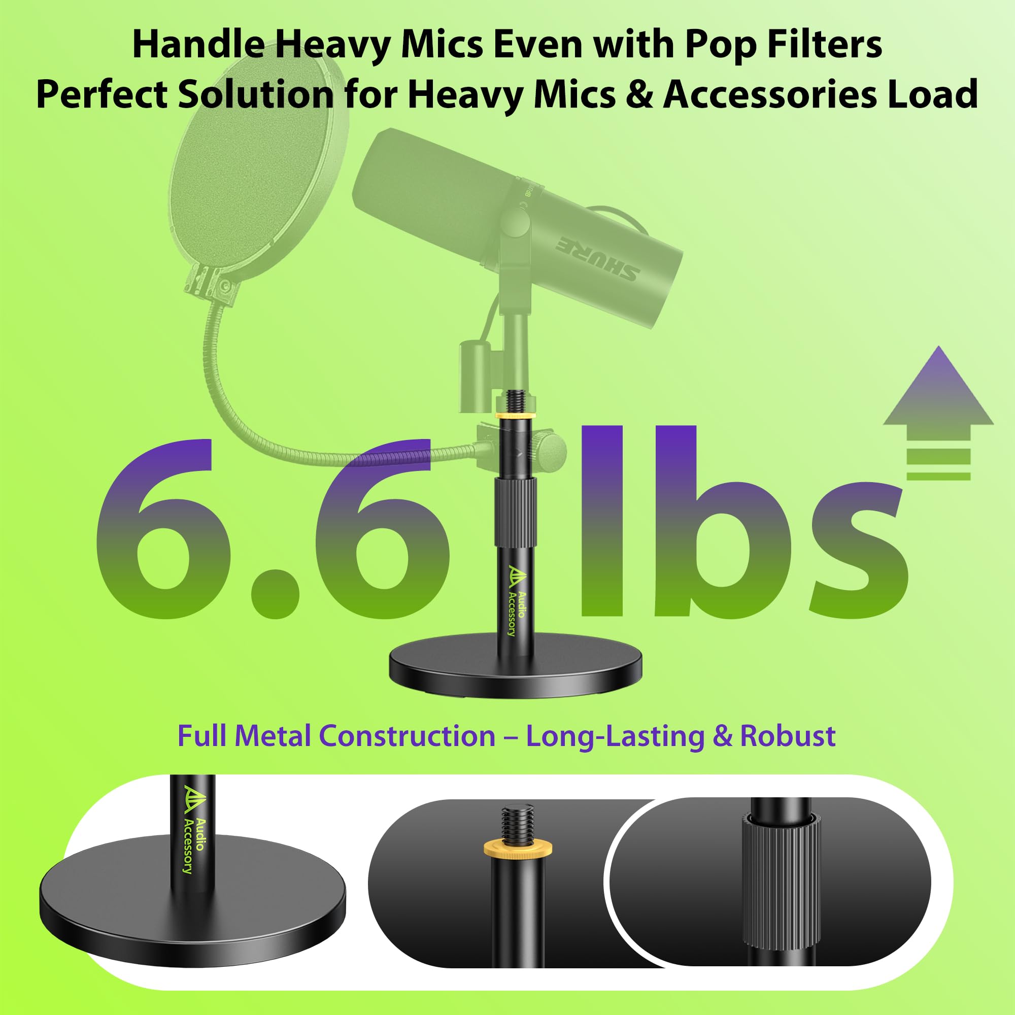 AA AUDIO ACCESSORY Soporte de mesa para micrófono con altura regulable desde 12,7 cm, carga 3 kg, total metálico, compatible con Shure SM7B, SM7dB, MV7+, Fifine, Blue Yeti, Snowball y Rode PodMic