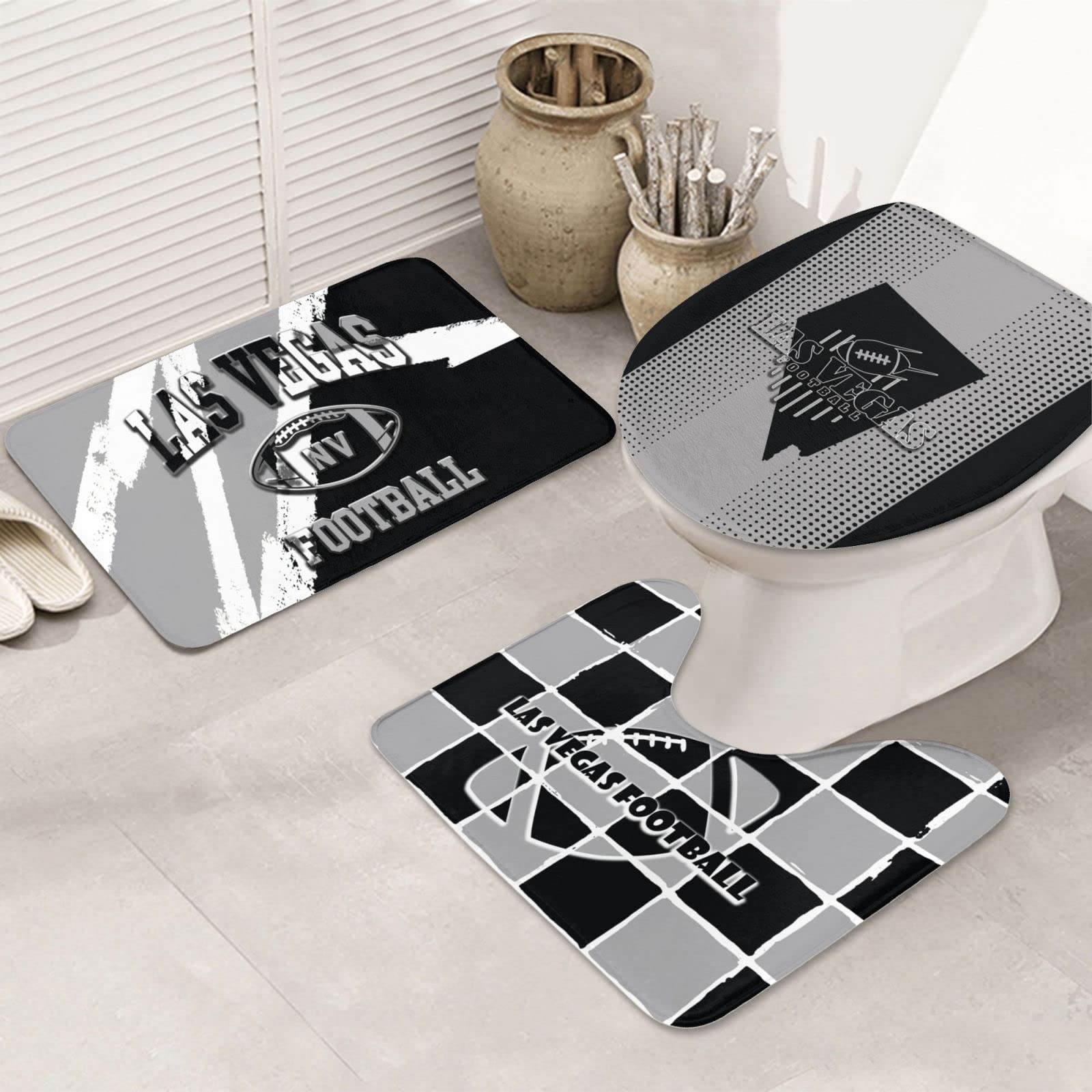 Hhaj Las Vegas Bathroom Rug Mats Football Sports Fans Non-Slip Bath Rug Toilet Seat Cover Washable Bathroom Mat Set of 3