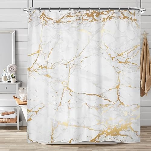 Ufeela Cortina de ducha de mármol blanco y dorado de 60 pulgadas de ancho x 72 pulgadas de largo, abstracto, moderno, elegante, gris dorado, líneas