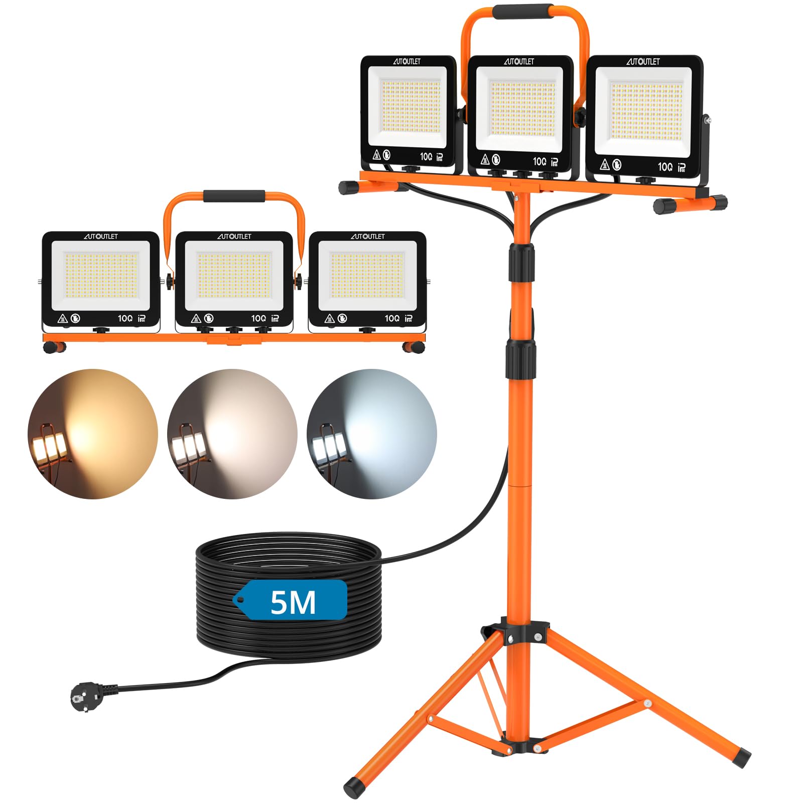 AUTOUTLET Baustrahler LED mit Stativ 300W, 3 Farbtemperaturmodi & 5M Kabel | 27000LM Baulampe, 3000K/5000K/6500K, 118-174cm Höhenverstellbar Stativ, IP66 Wasserdicht, Abnehmbar, für Garage Baustelle