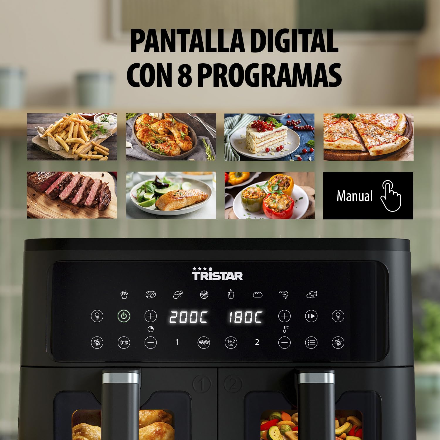 Tristar Freidora de Aire Doble Cesta, 9 L, 10 Programas, Pantalla Digital, Ventanas de Visualización, Sin PFAS, Cocina Saludable Sin Aceite, 2500 W, FR-9429