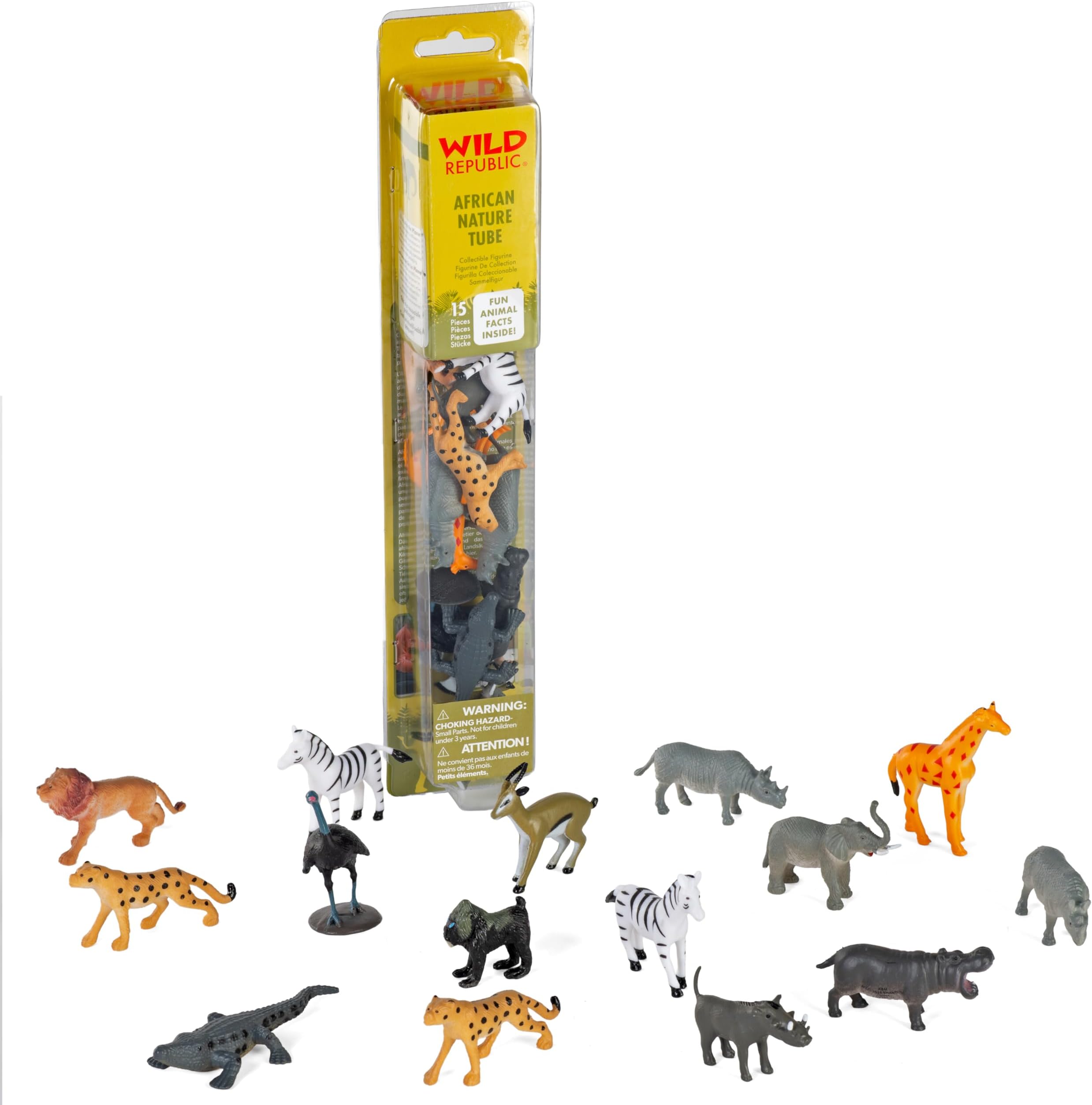 African Animal Figurines Tube, Zoo Animals, Jungle Animals, Giraffe, Hippo, Elephant, Zebra, Cheetah, Rhino, Lion, Alligator and More,Multicolor,13"