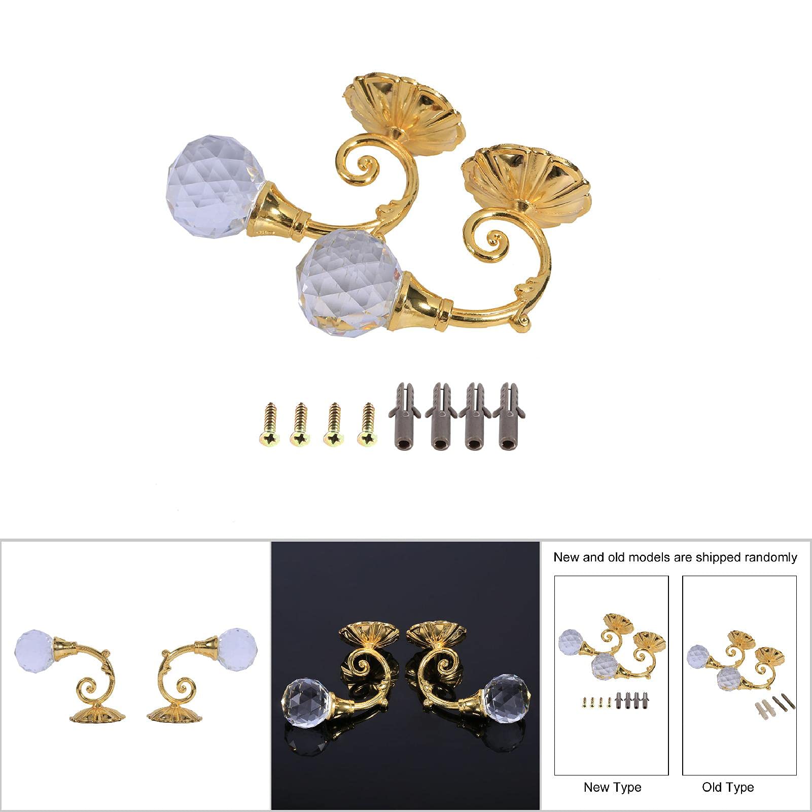 Curtain Holdback, 2pcs Wall Mounted Drapery Tiebacks with Clear Crystal Balls, Heavy Duty Metal Decorative Window Drapery Curtain Holder Curtain Hooks Crystal Curtain Holdbacks with Screws(Gold)