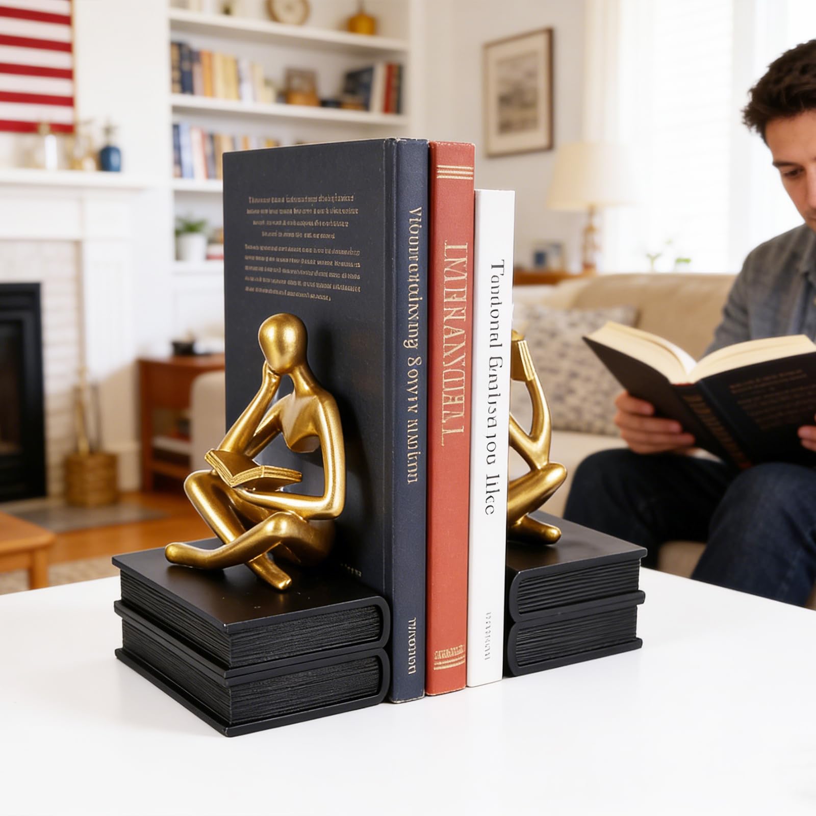 Reading Thinker - Fermalibri a forma di statua per mensole, fermalibri decorativi per amanti dei libri, fermalibri unici per casa, ufficio e decorazione per scaffali