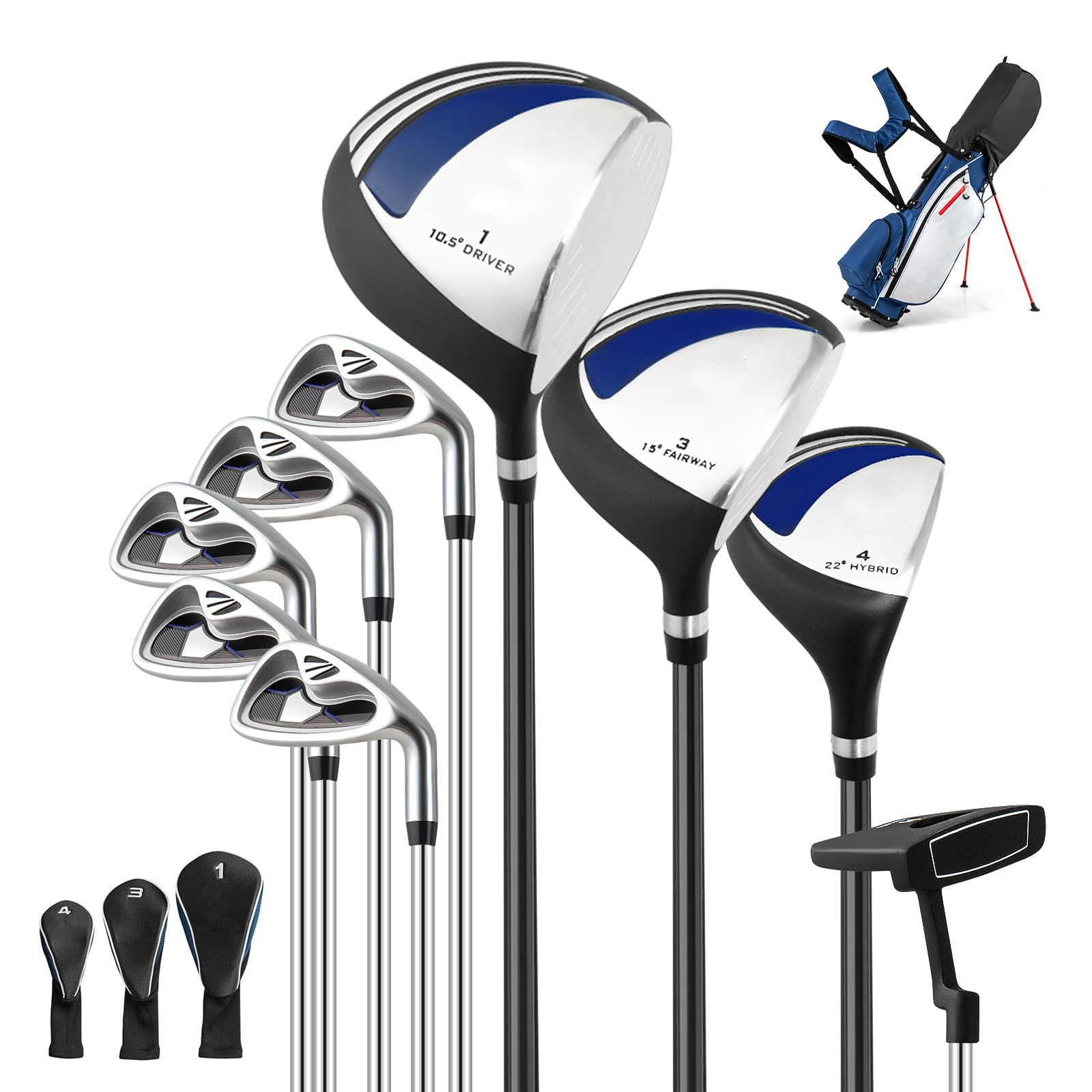 GYMAX komplettes Herren Golfschläger Set, 9 teiliges Golf Set rechtshändig mit Standtasche, Inklusive 1# Aluminium-Driver, 3# Fairwayholz, 4# Hybrid, 6-9# Eisen, P# Zink-Eisen, Putter Blau