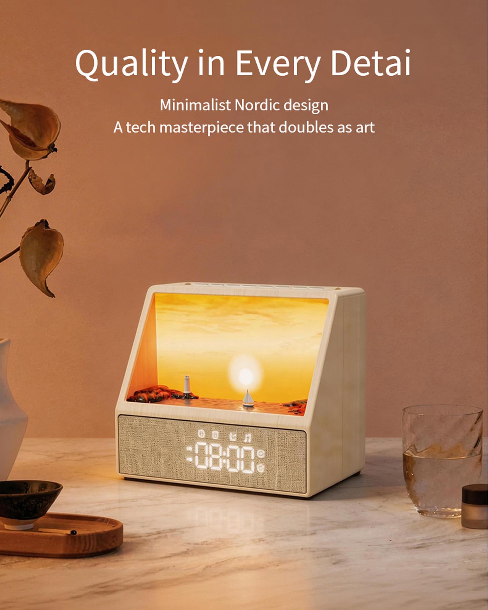Reveil Simulateur D'aube avec Six Éclairages D'ambiance,Réveil Lumineux Comprend 12 Types De Bruit Blanc,Enceinte Bluetooth,Minuteur, Réveil Matin Veilleuse Pour Enfant/Ado/Adulte (Couleur bois)