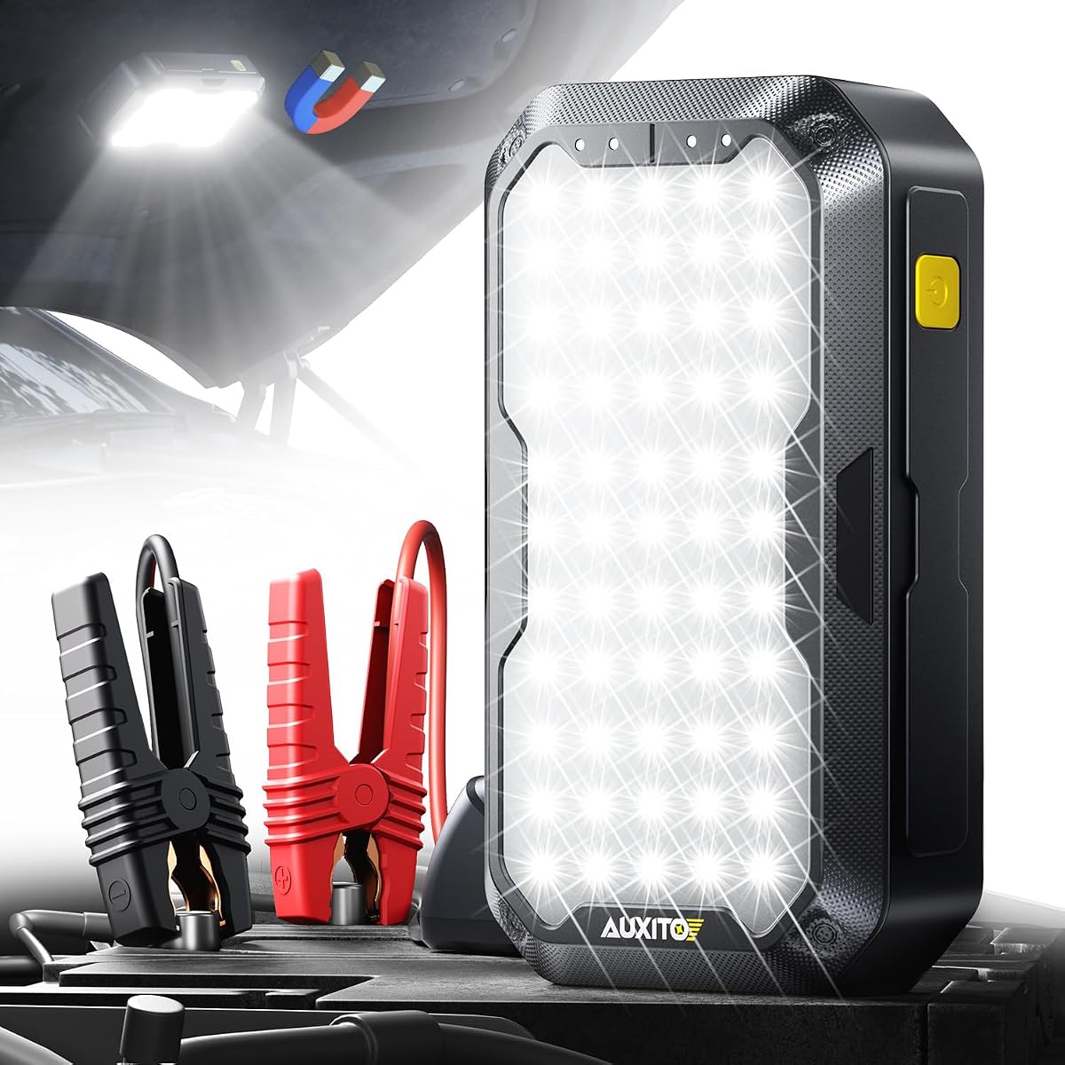 Arrancador auxiliar AUXITO, arrancador auxiliar de batería de coche 5000 A, motores de gasolina de hasta 8,5 L y diésel de 8,0 L con luz LED de panel de trabajo de 2000 LM, caja auxiliar segura de 12 V con luz de camping, banco de energía y cable auxiliar