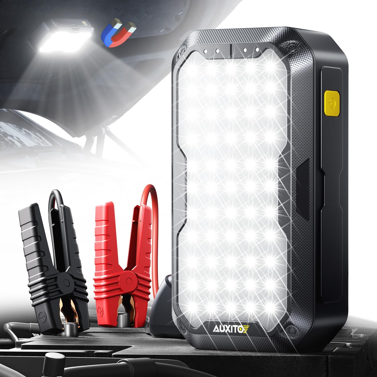 AUXITO Jump Starter, 5000A Car Battery Jump Starter, Up to 8.5L Gas and 8.0L Diesel Engines with 2000LM LED Work Panel Light, 12V Safe Jump Box with Camping Light, Power Bank and Jumper Cable
