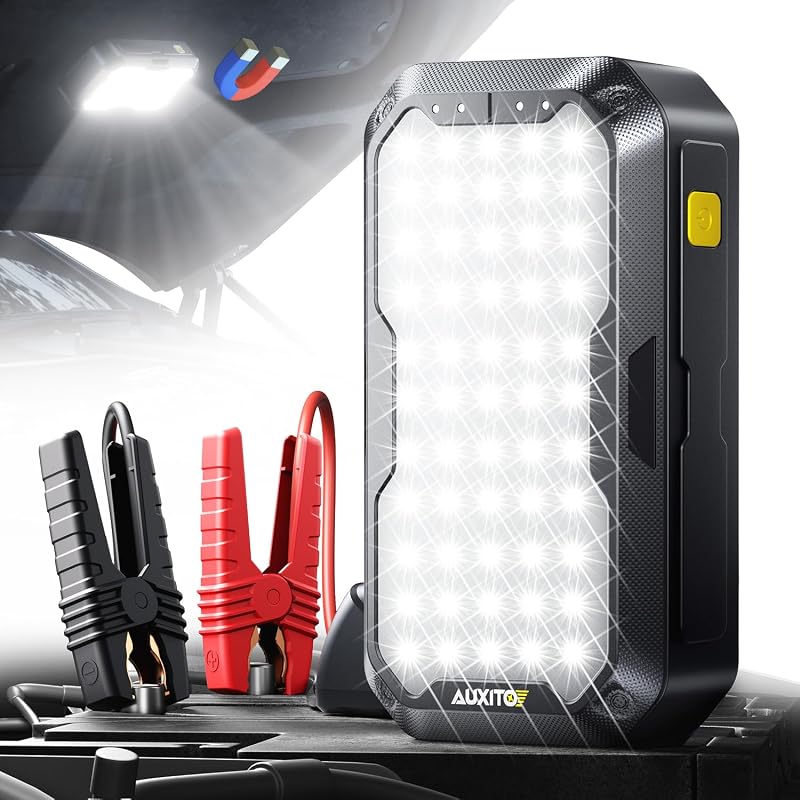 Arrancador auxiliar AUXITO, arrancador auxiliar de batería de auto 5000 A, motores de gasolina de hasta 8,5 L y diésel de 8,0 L con luz LED de panel de trabajo de 2000 LM, caja auxiliar segura de 12 V con luz de camping, banco de energía y cable auxiliar