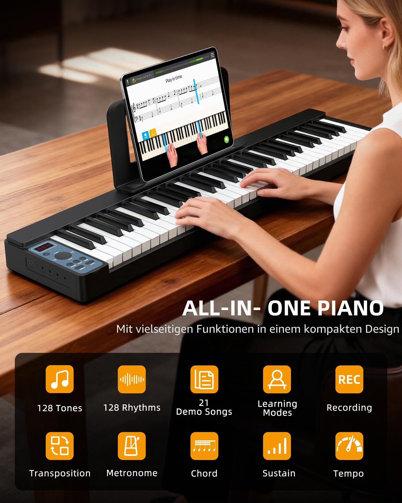 LEKATO Faltbares Elektronisches Keyboard mit 61 Tasten, 61-Tasten-Klapptastatur mit Anschlagdynamik, Wiederaufladbar, Bluetooth MIDI, Tragbare Tasche, für Anfänger/Musikliebhaber/Kind