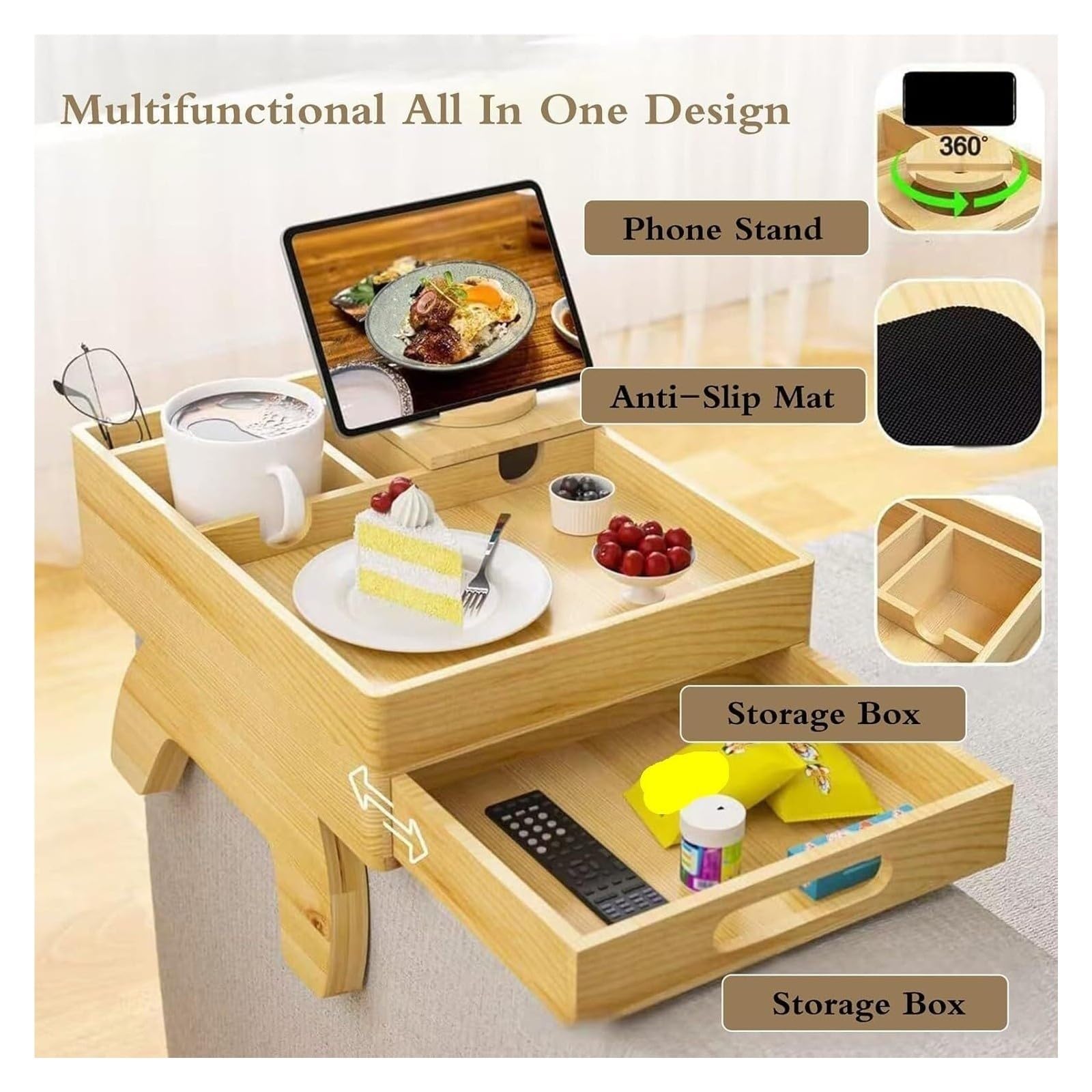Bandeja De Sillón Plegable Madera con Teléfono Y Almacenamiento
