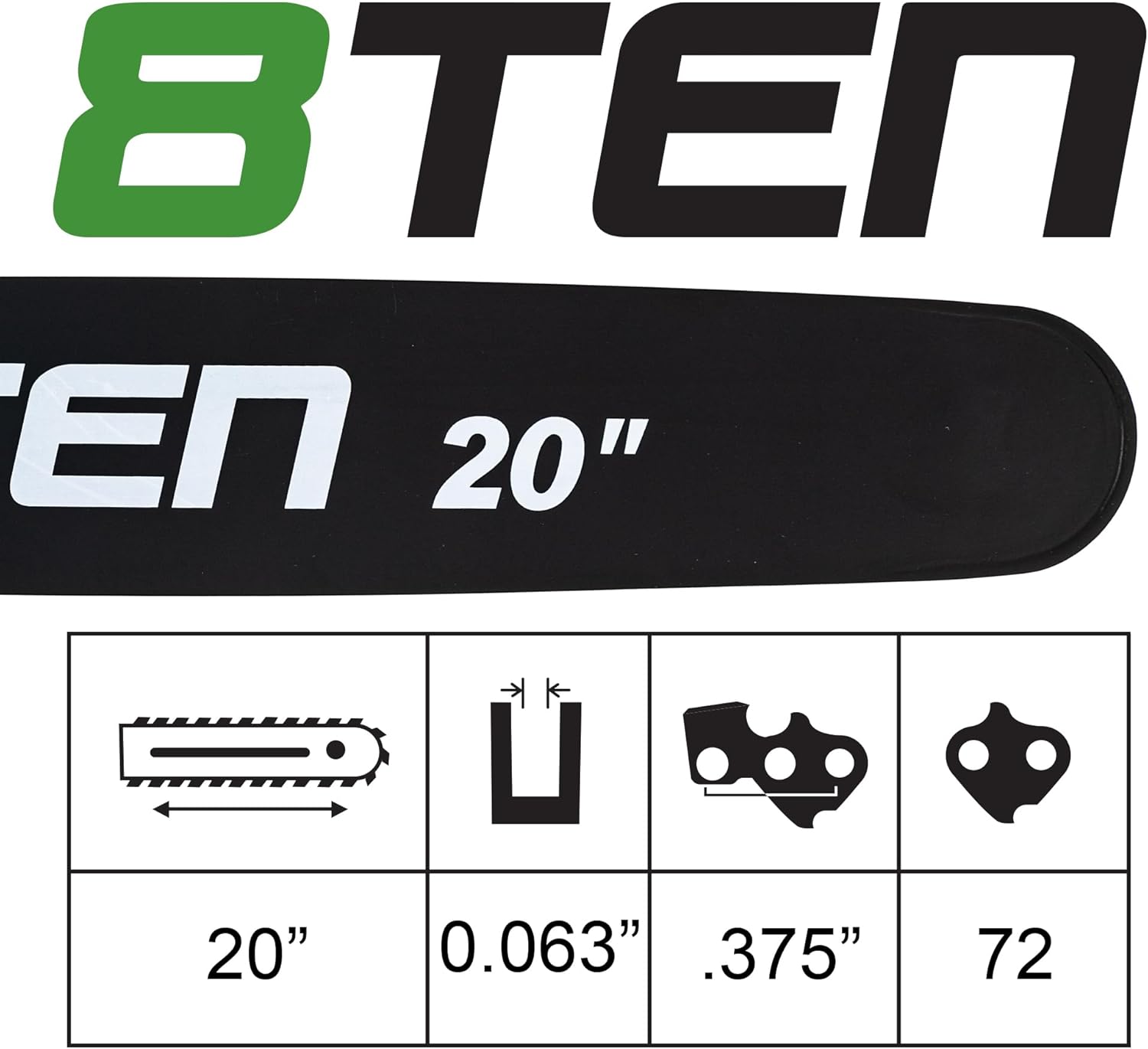 8TEN 20 Inch Chainsaw Guide Bar .063 3/8 72DL Chain for Husqvarna 372XP 365 Jonsered Makita Dolmar Solo Poulan Hardnose