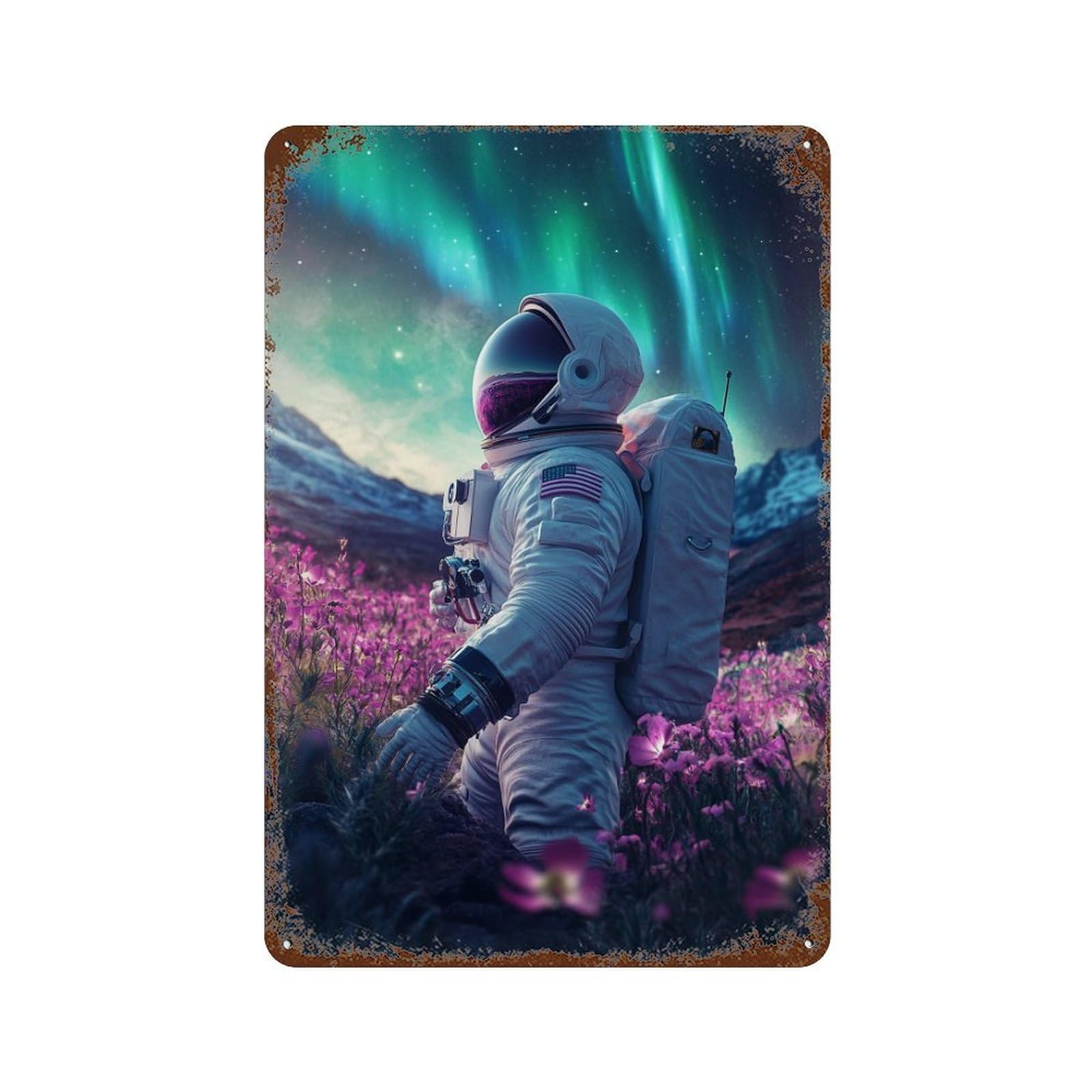 Rusty Metal Tin Sign Astronaut in Space Flowers Aurora 11.8"x7.9", Rustic Home Decor for Shed, Workshop And Garage Wall Decor