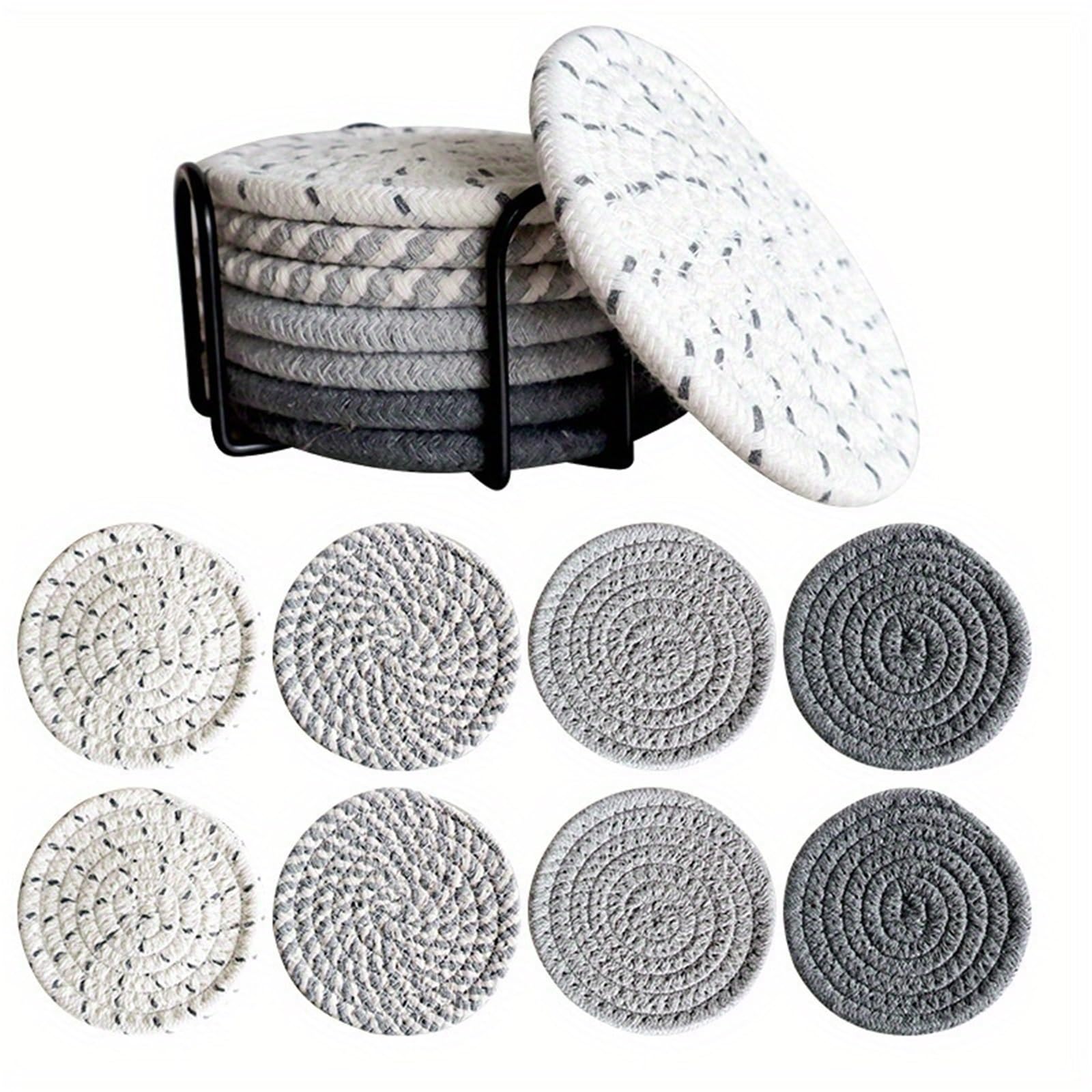 Insulated Coasters 8Pcs Drink Coasters with Holder Absorbent Drinks Woven Coaster Set Home Decoration for Drinks Coffee Pads Beer Home Office(Grey)