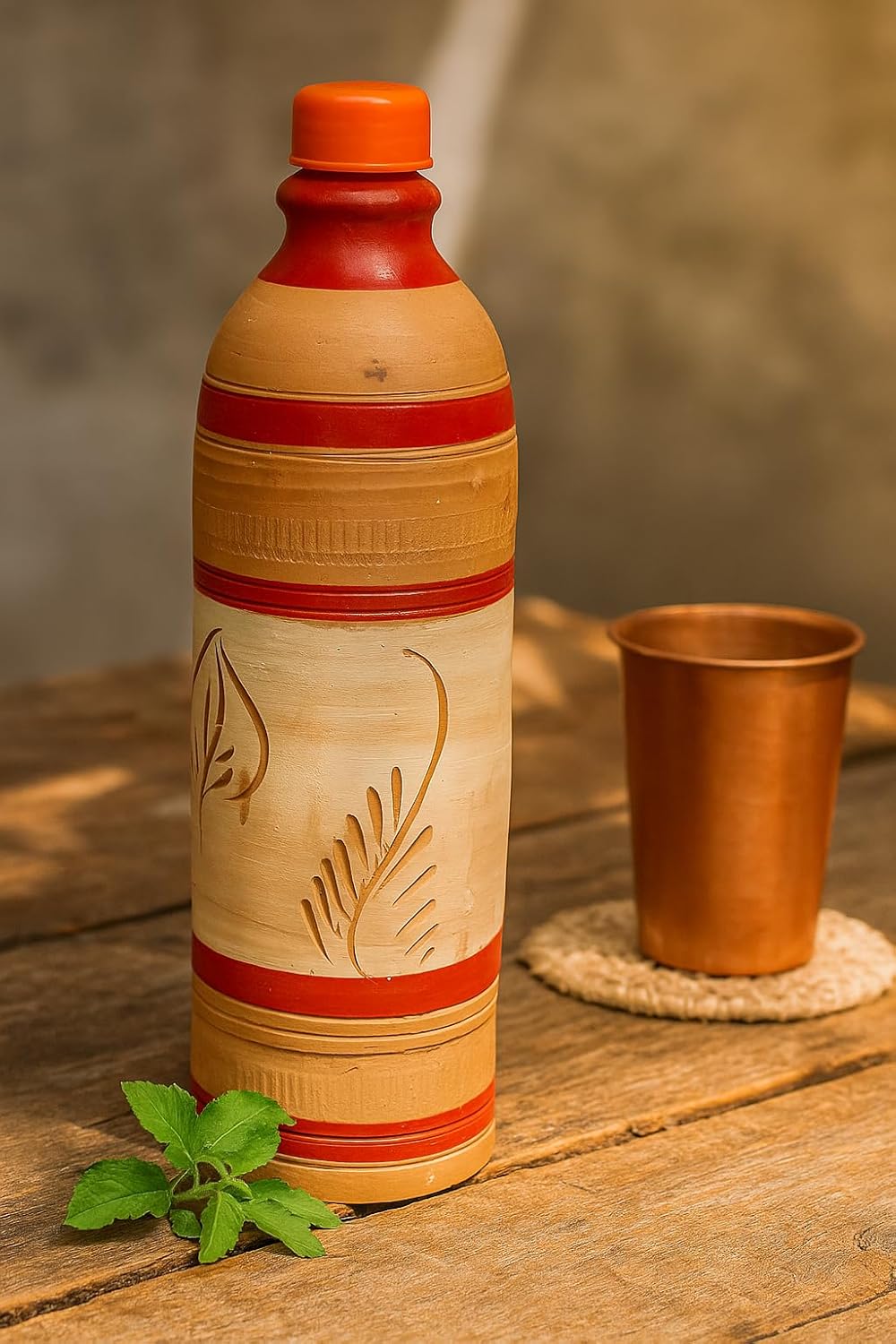 Clay Water Bottle for Drinking – Handmade Terracotta Earthen Bottle | Natural Mitti Water Bottle | Eco-Friendly, BPA-Free, Chemical-Free, Reusable Water Container (Style 2)