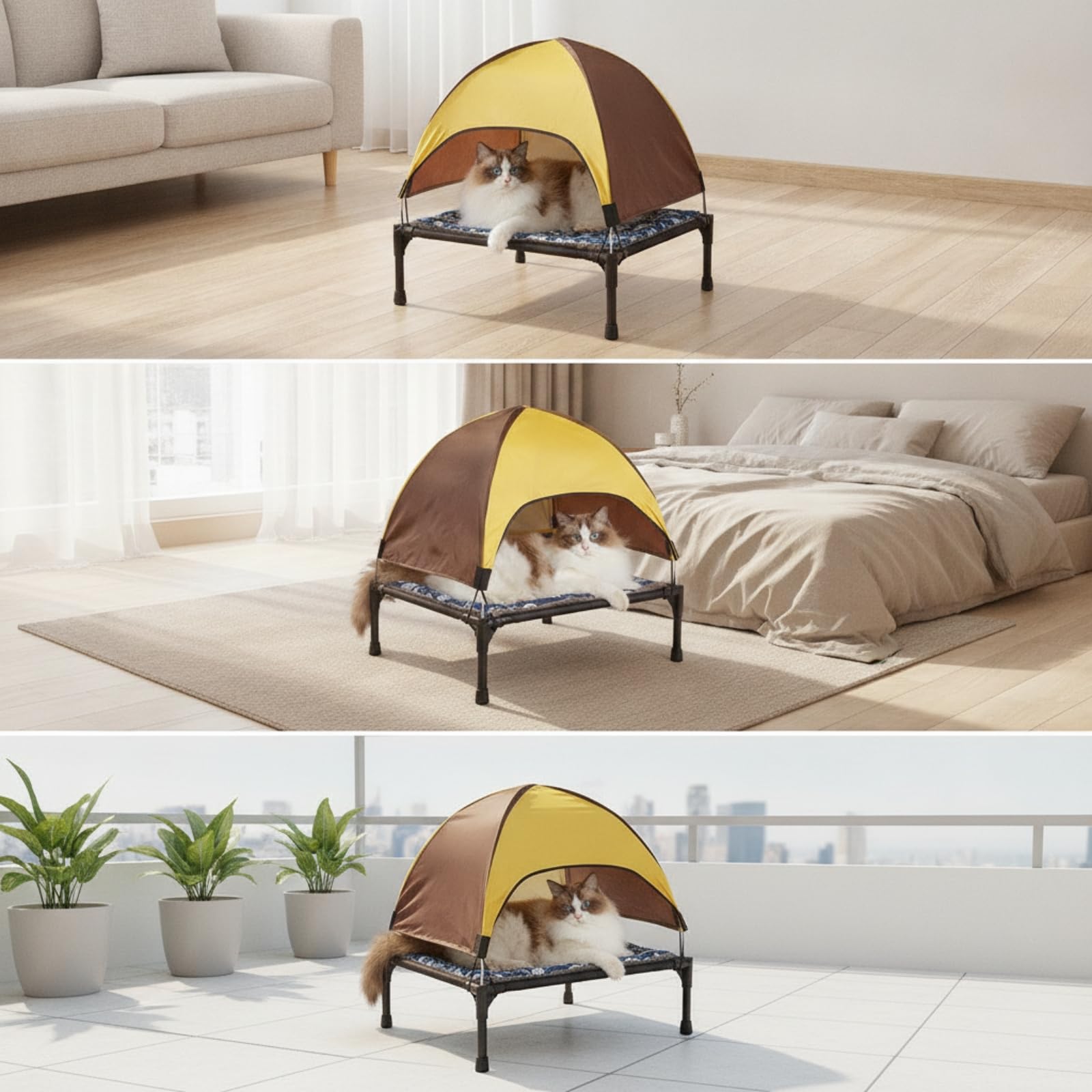 predolo Weich Stoffmaterial-Katzenzelt mit Vier | Katzen-Schlafplatz mit erhöhter Plattform, Nest-Katzenzelt, für Balkon, Terrasse, Camping