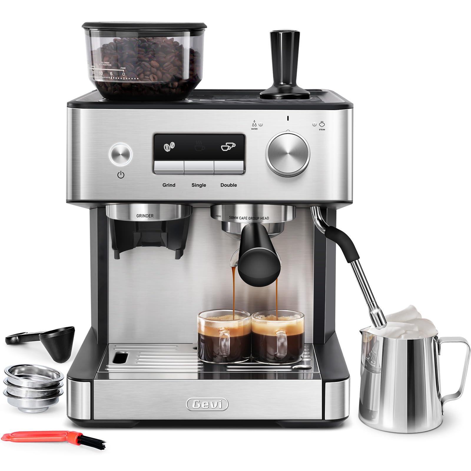 Gevi Espresso Machine with Grinder & Milk Frother, 20 Bar Professional Coffee Maker for Home, Removable Water Tank, Steam Wand, Perfect for Espresso, Cappuccino, Latte