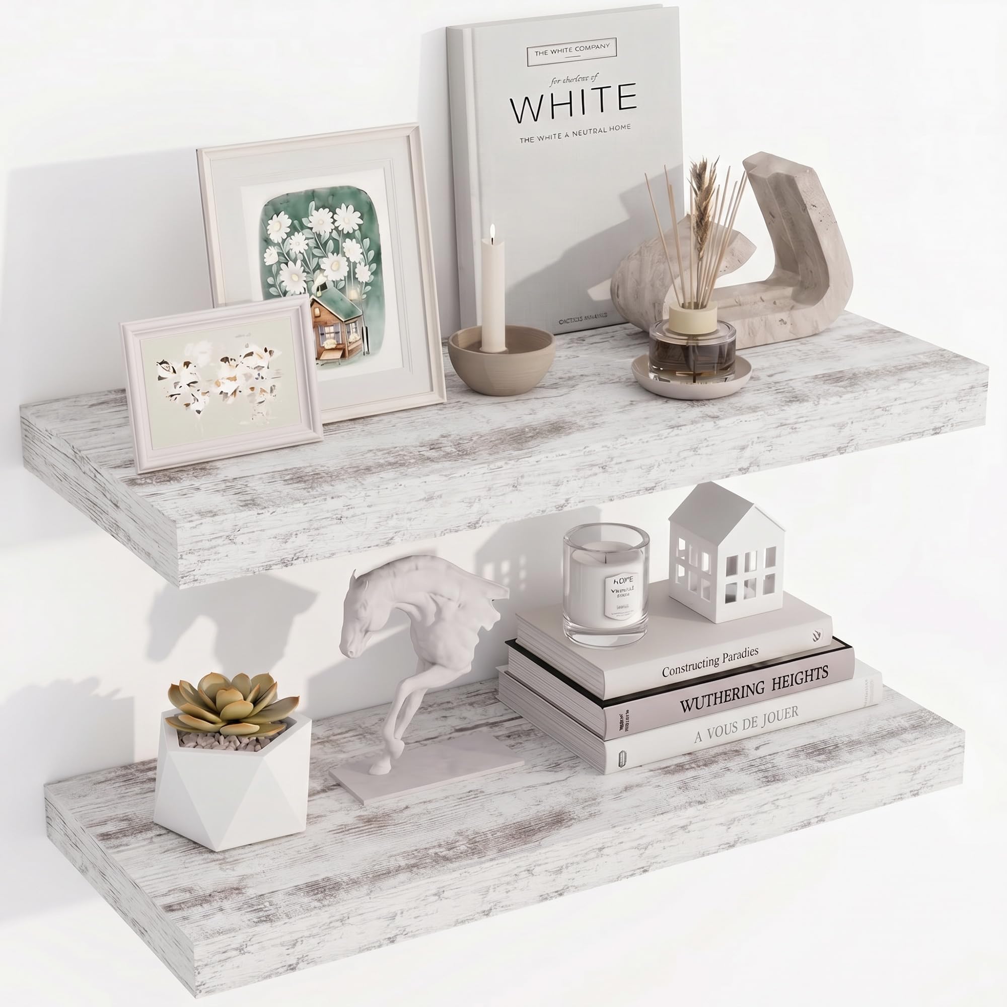 Acovy Floating Shelves for Wall, 23.5cm Extra Deep 60cm Long Wooden Wall Mounted Shelf, Wall Shelves for Living Room Bathroom Bedroom Kitchen, Washed White, Set of 2