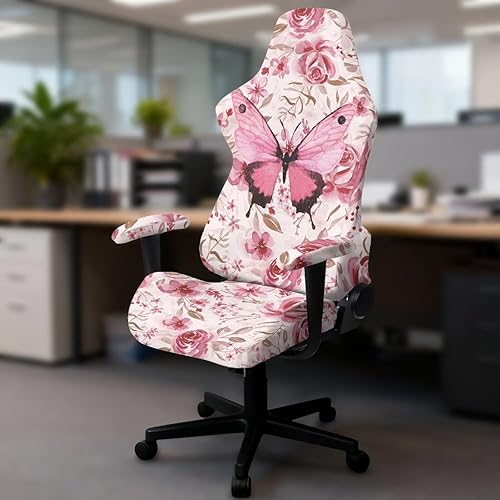 Miniatura 4 de Juego de 4 fundas elásticas para sillas de oficina, color rosa, con brazos, diseño de rosas y gatos, diseño de mariposas