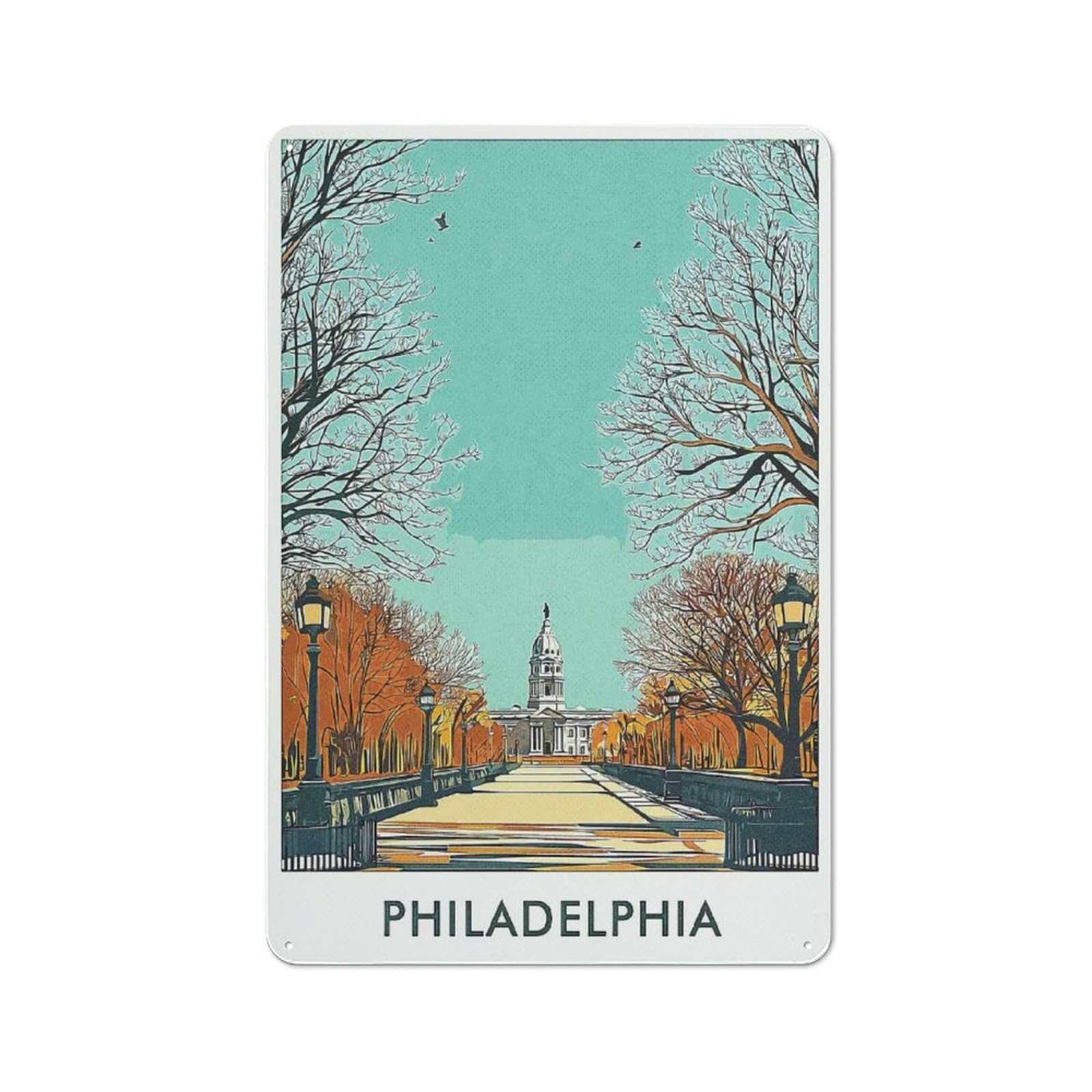 Junmoney Style-9 Philadelphia City Hall Illustration Tin Sign 30X20cm For Home Bar Wall, Vintage Wall Decor, For Garage, Workshop And Man Cave Decoration