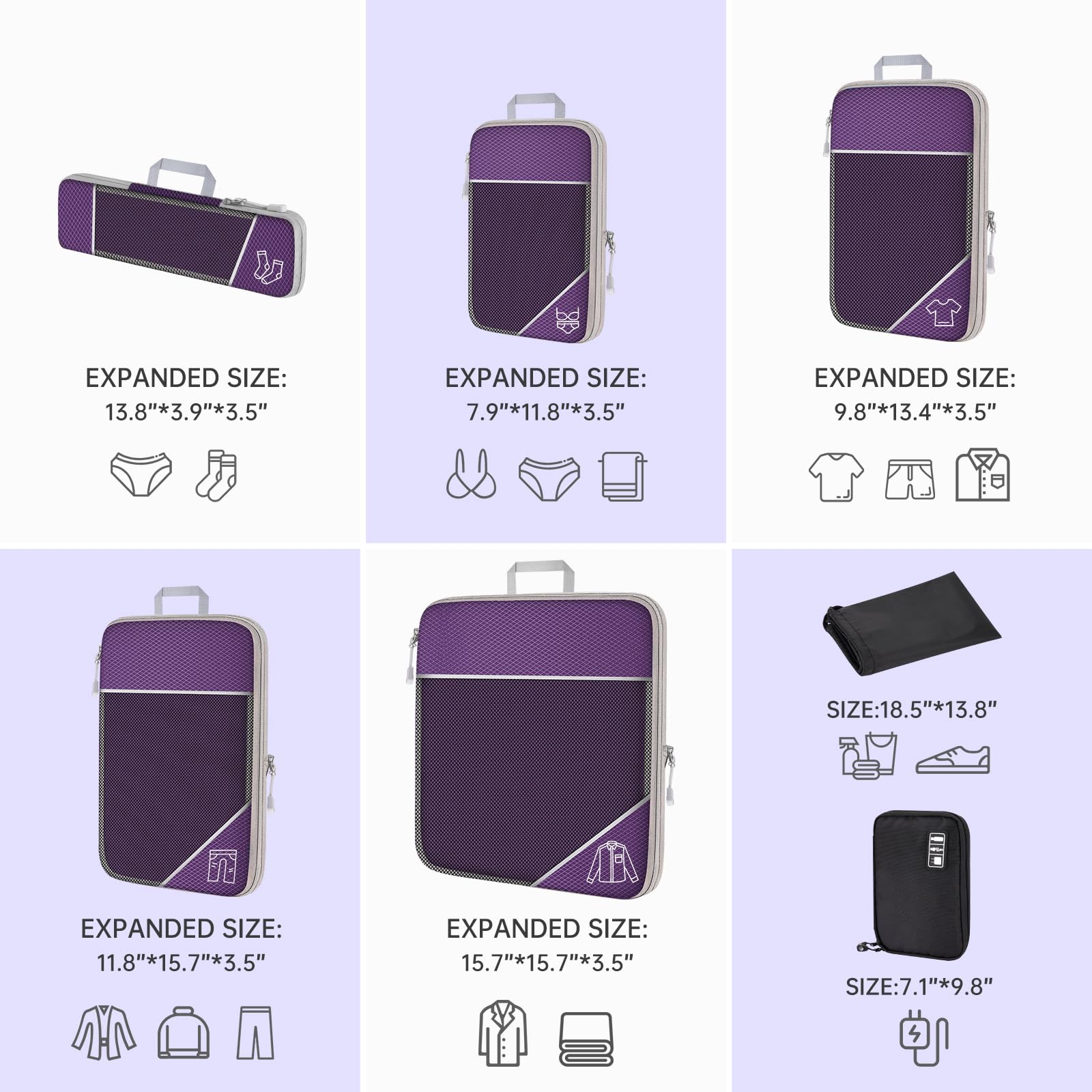 NiHome Set di 7 cubi a compressione espandibile, in rete, organizer per bagagli con cavo elettronico, caricabatterie, organizer con coulisse, per viaggi, casa, accessori da viaggio (viola)