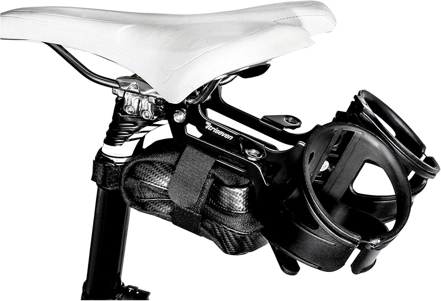 Triseven Bike Bottle Holder - Drink Holder Bike - 4 Piece Set with Saddle Cage Holder, 2 Drink Bottle Cages and Tool Bag - Bike Cup Holder for Drink Bottle - Without Drink Bottles