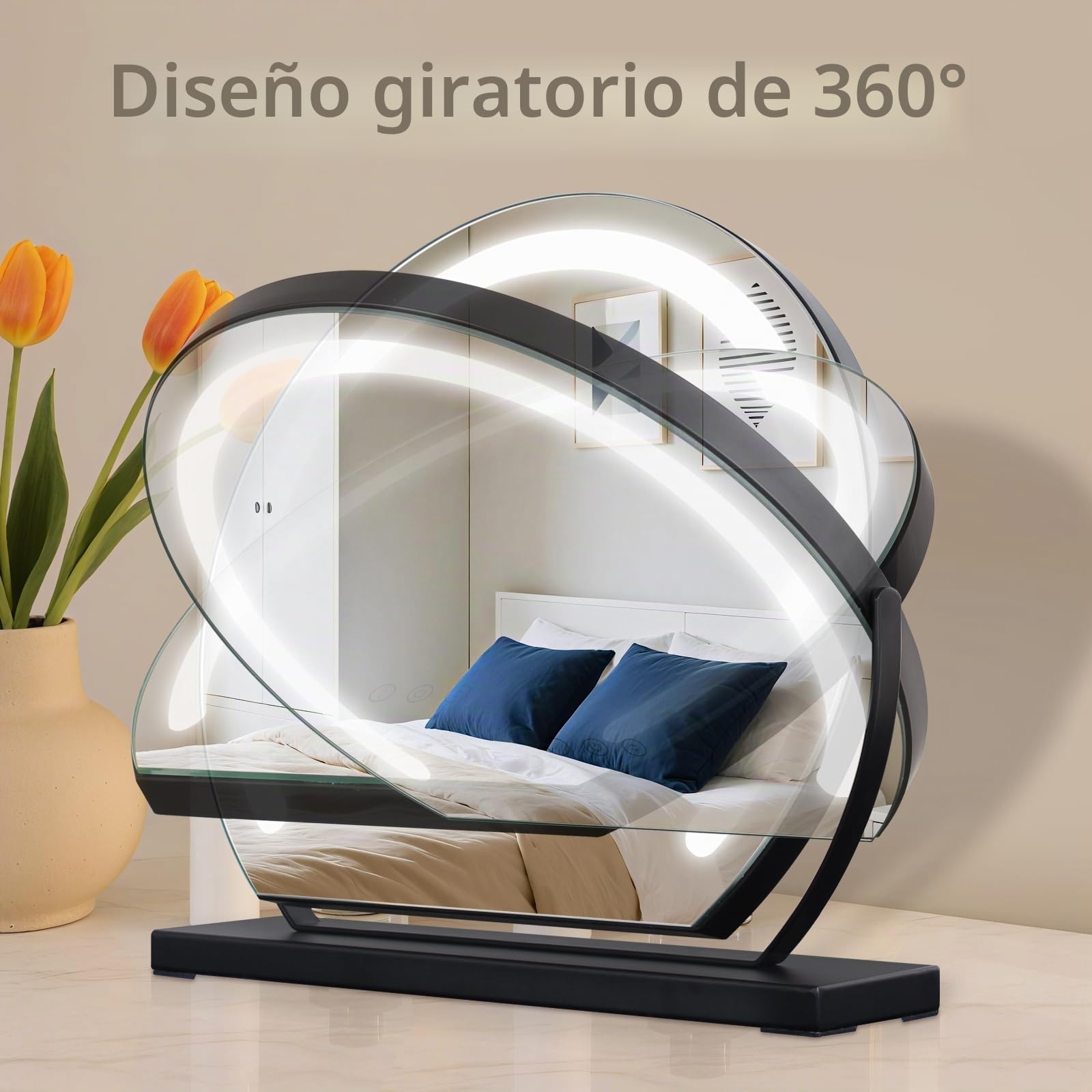 Espejo de maquillaje con iluminación, 40 x 40 cm, espejo de maquillaje giratorio en negro con LED de 9 W, 3 botones táctiles y atenuación continua, espejo de mesa moderno para maquillaje, baño