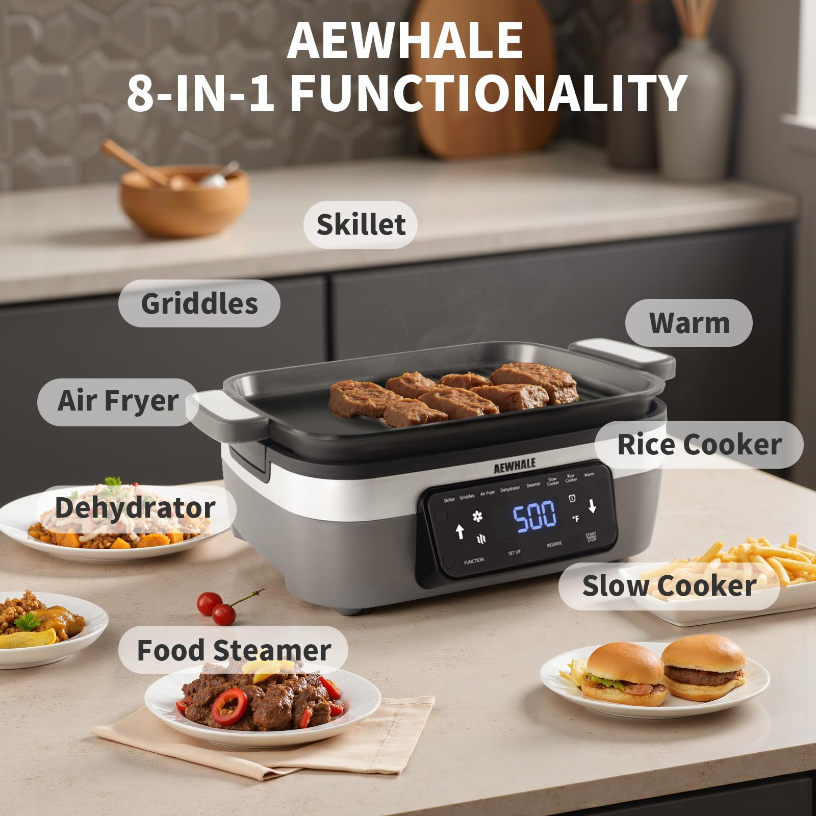 Multicocción programable 8 en 1 de 4.5 cuartos de galón con freidora de aire, olla de cocción lenta, vaporizador de alimentos, deshidrata y más, capacidad de tamaño familiar, gris 2