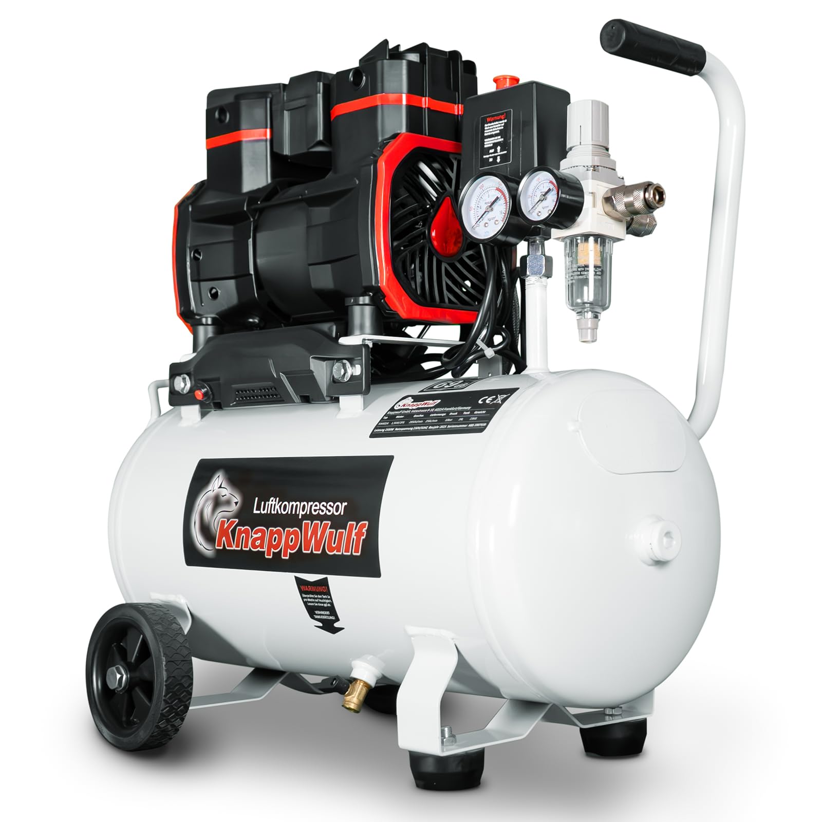 KnappWulf KW6024 - Compresor de aire (depósito de 24 L, 1500 W, 69 dB, presión de funcionamiento de 10 bares, caudal de aire de 256 l/min, con separador de agua, silencioso, 230 V)