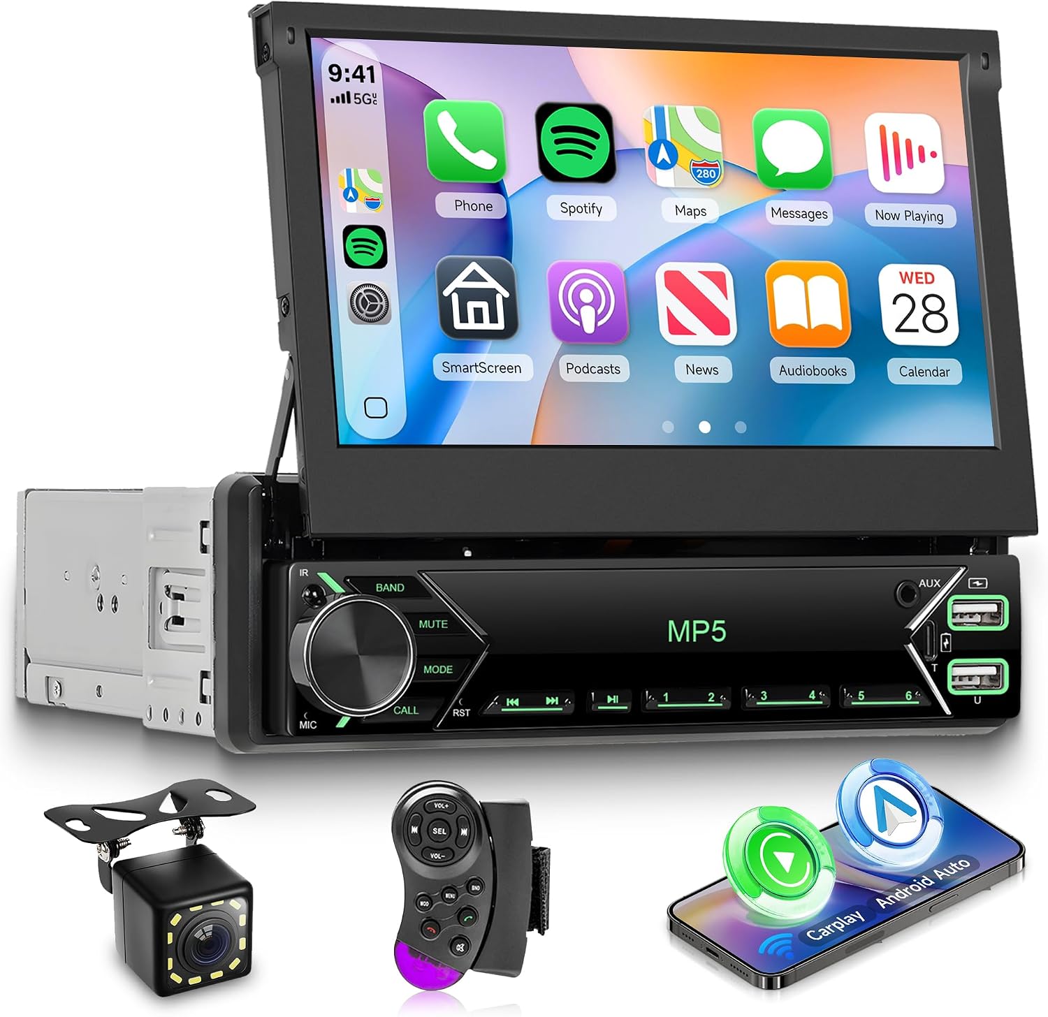 Radio para auto con pantalla retráctil 7" Carplay Android Auto