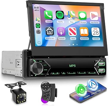 Single Din Retractable Screen Car Stereo with Wireless A-pple Carplay Android Auto, 7" Car Radio 1 Din with Backup Camera Car Audio Receiver, Support Mirror Link Bluetooth FM USB EQ SWC