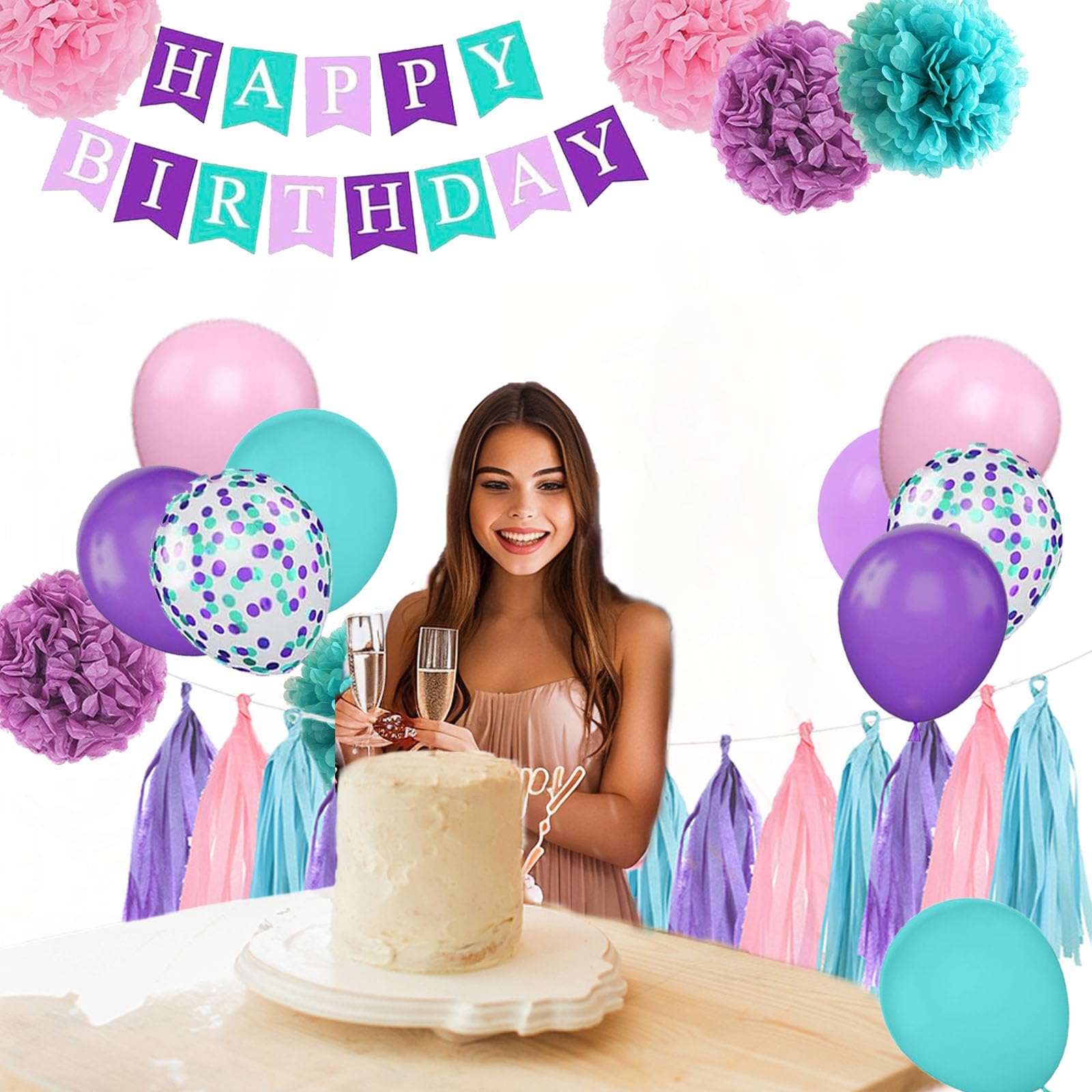 Decoraciones de cumpleaños verde azulado, morado, rosa, decoración de fiesta de cumpleaños de sirena para niñas y mujeres con pompones, borlas y globos