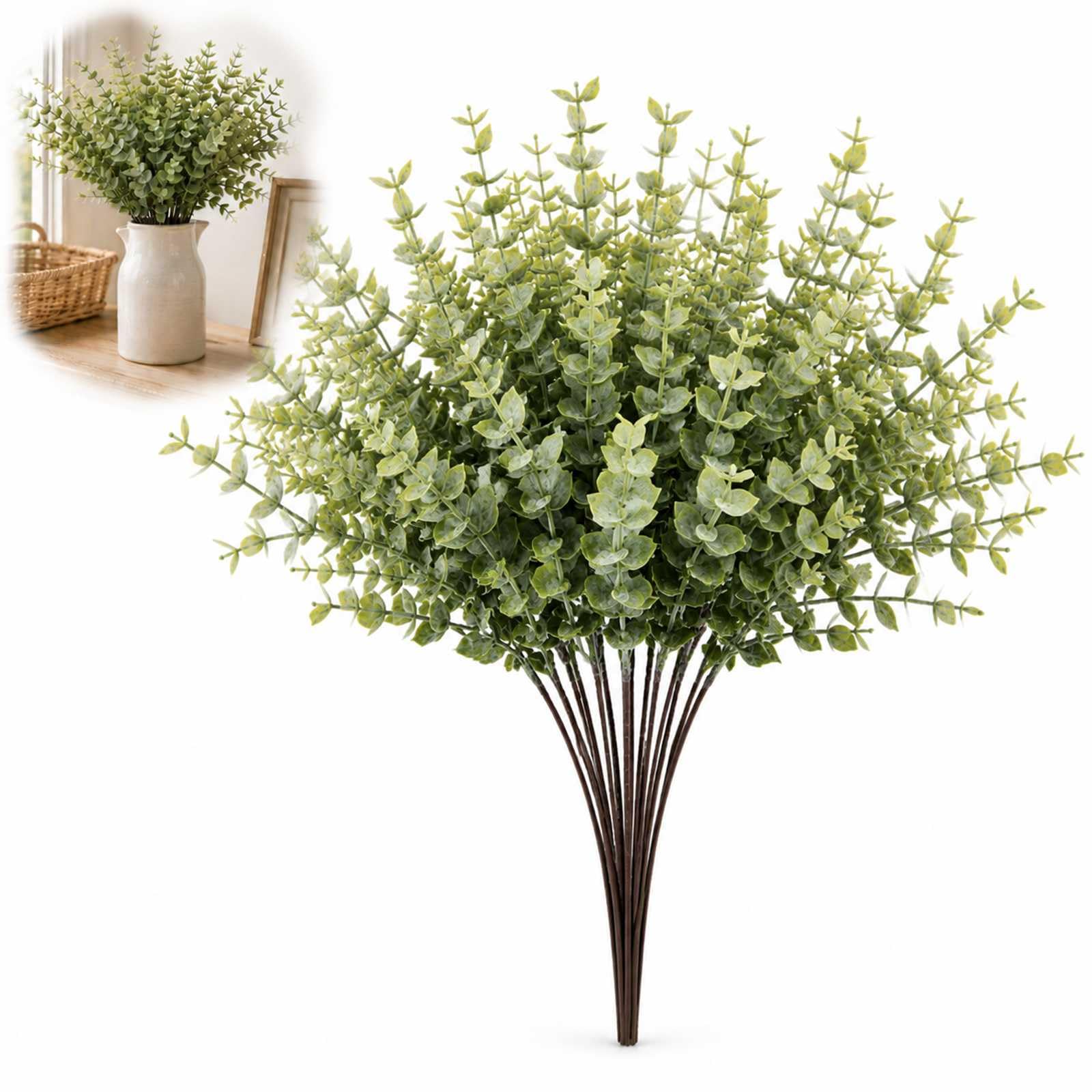 WHJYCC 12 Bundles Premium UV Resistant Artificial Eucalyptus Plants for Indoor and Outdoor Decor - Realistic Faux Eucalyptus with Bendable Wire Stems for DIY Floral Arrangements, Home (Frosted)
