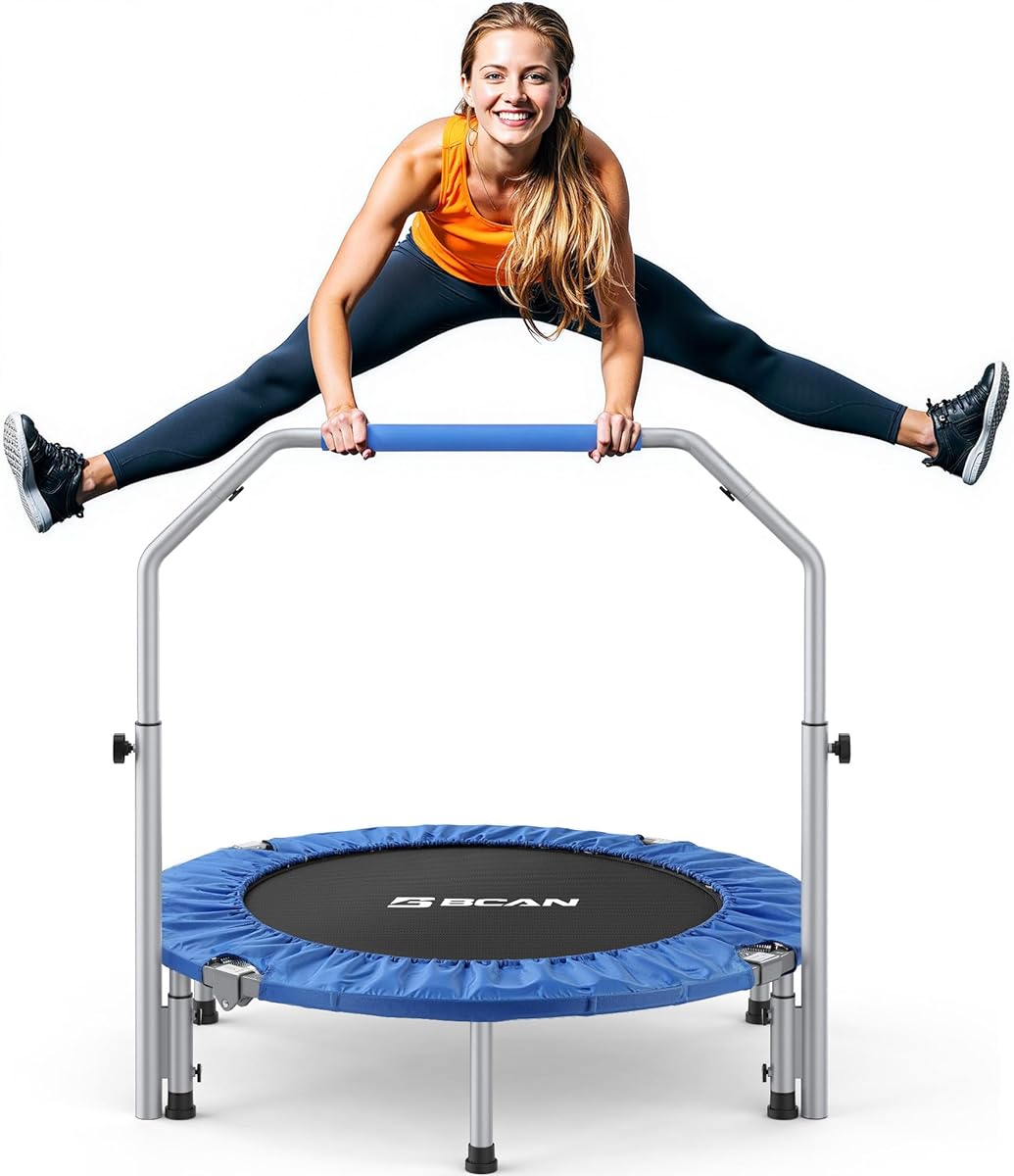 BCAN 40/48" Foldable Mini Trampoline Max Load 330lbs/440lbs, Fitness Rebounder with Adjustable Foam Handle, Exercise Trampoline for Adults Indoor/Garden Workout